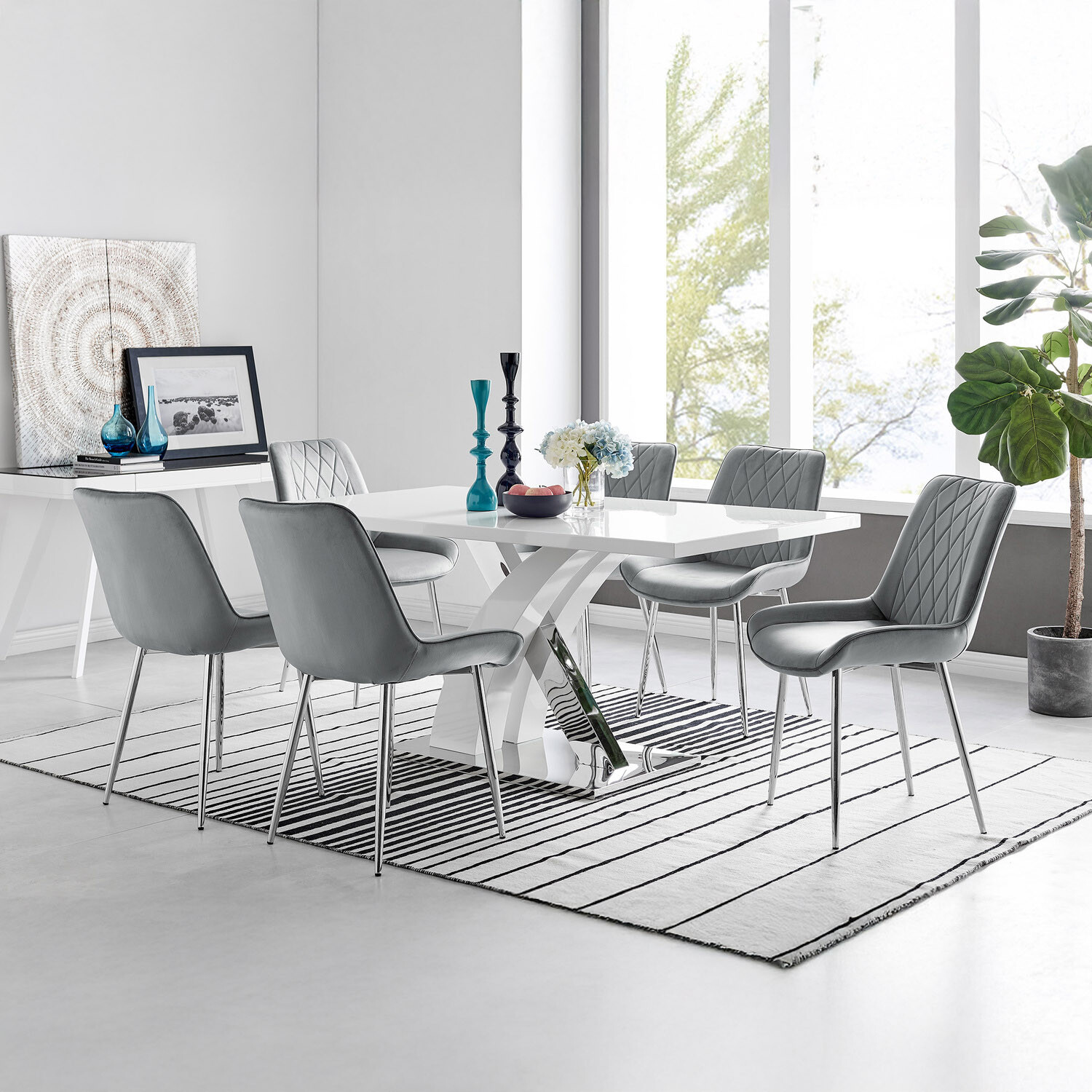 Furnitureboxuk Atlanta 6 White Dining Table And 6 Pesaro Silver Leg Chairs - Grey