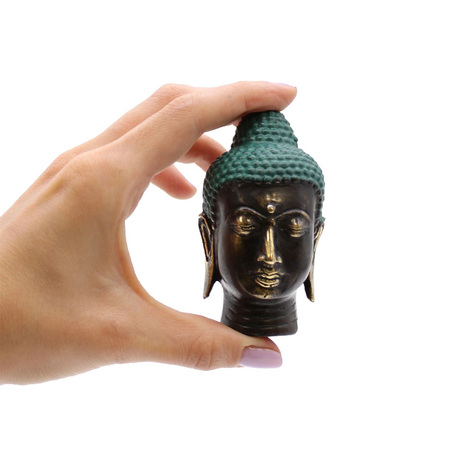 Small Antique Brass Buddha Head, Peaceful Accent - Teal