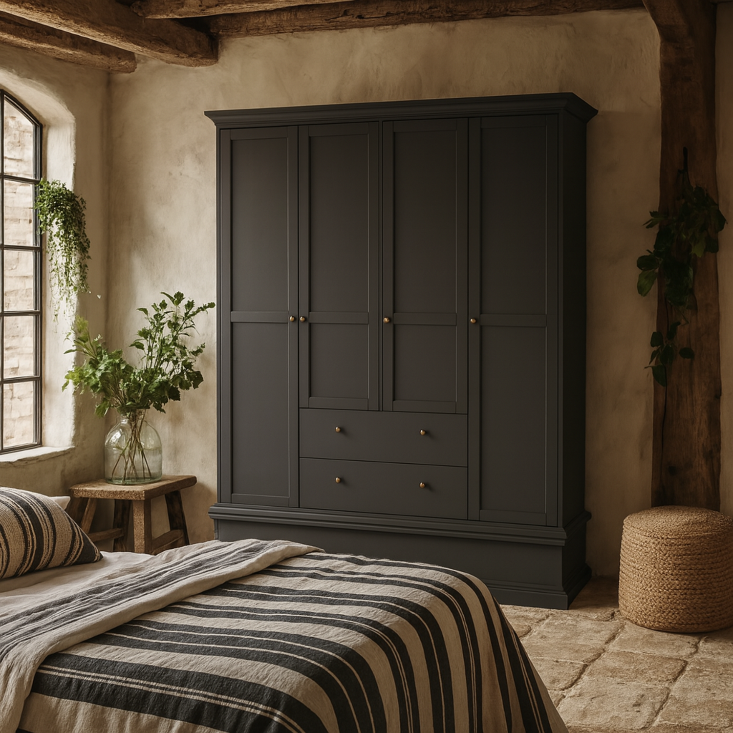 Osaka Farmhouse Dark Grey 4-door Wooden Wardrobe With 2 Drawers - Grey
