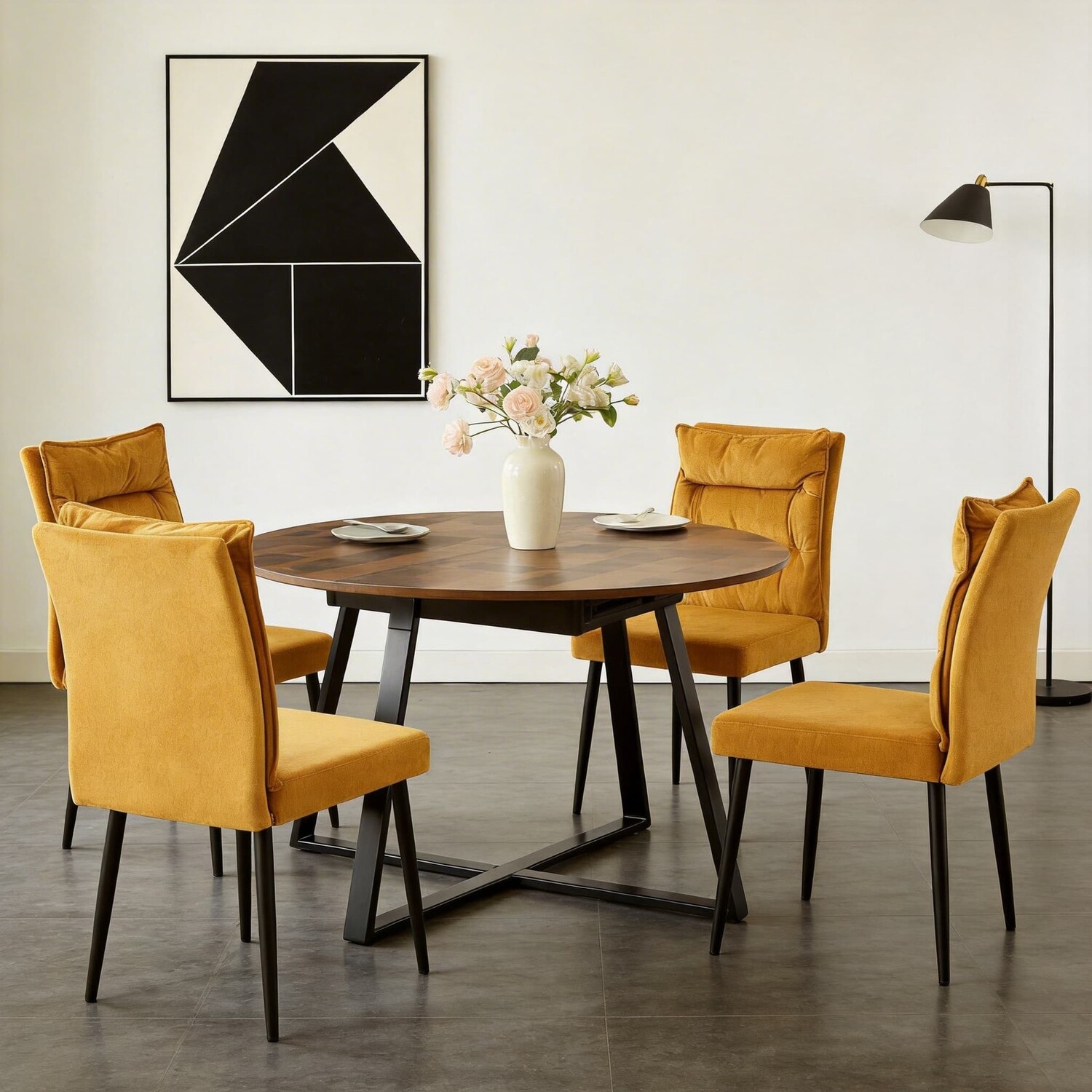 Extendable Round Dining Table Set - Brown / 5