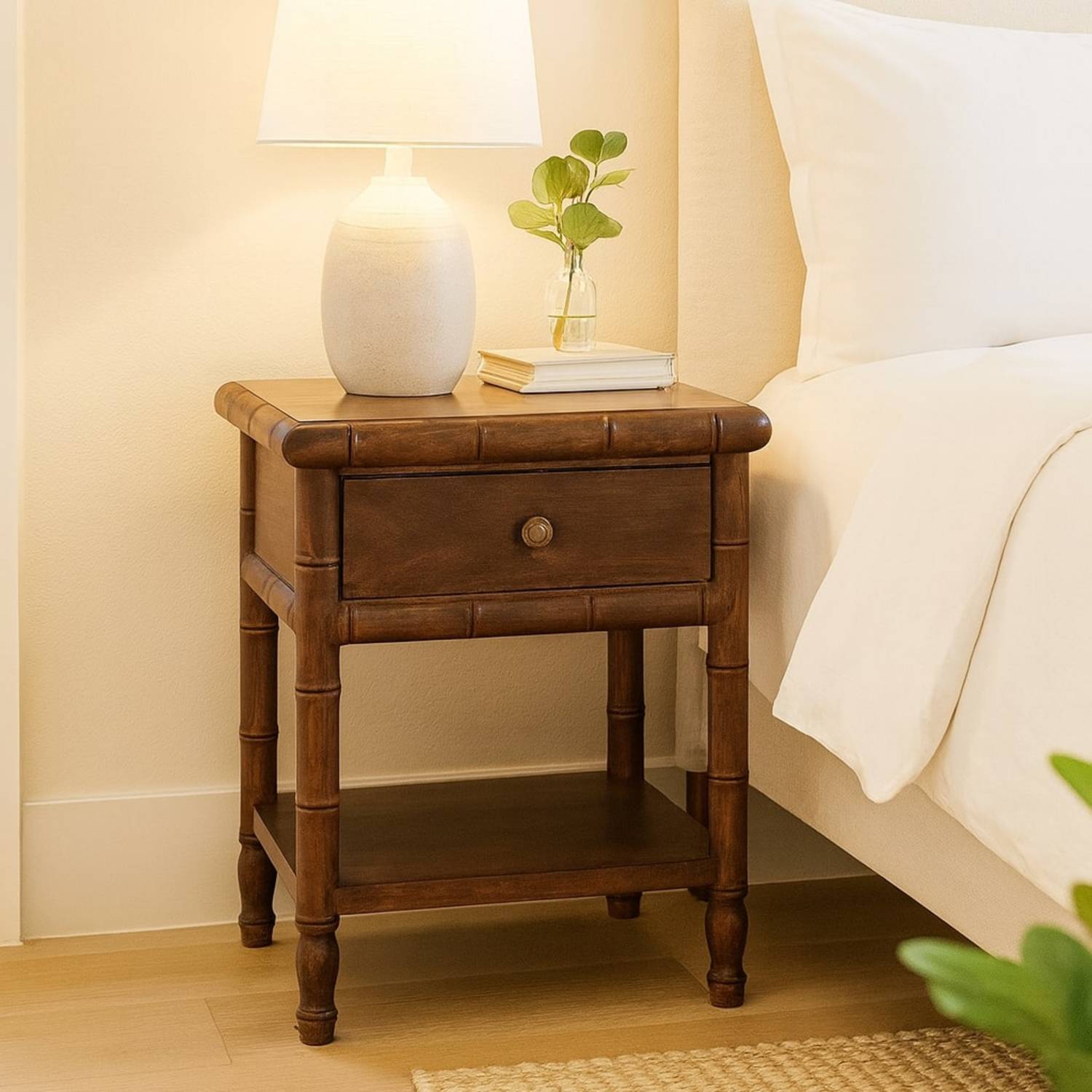 Artisan Furniture Solid Wood Bamboo Carved Bedside Table - Brown