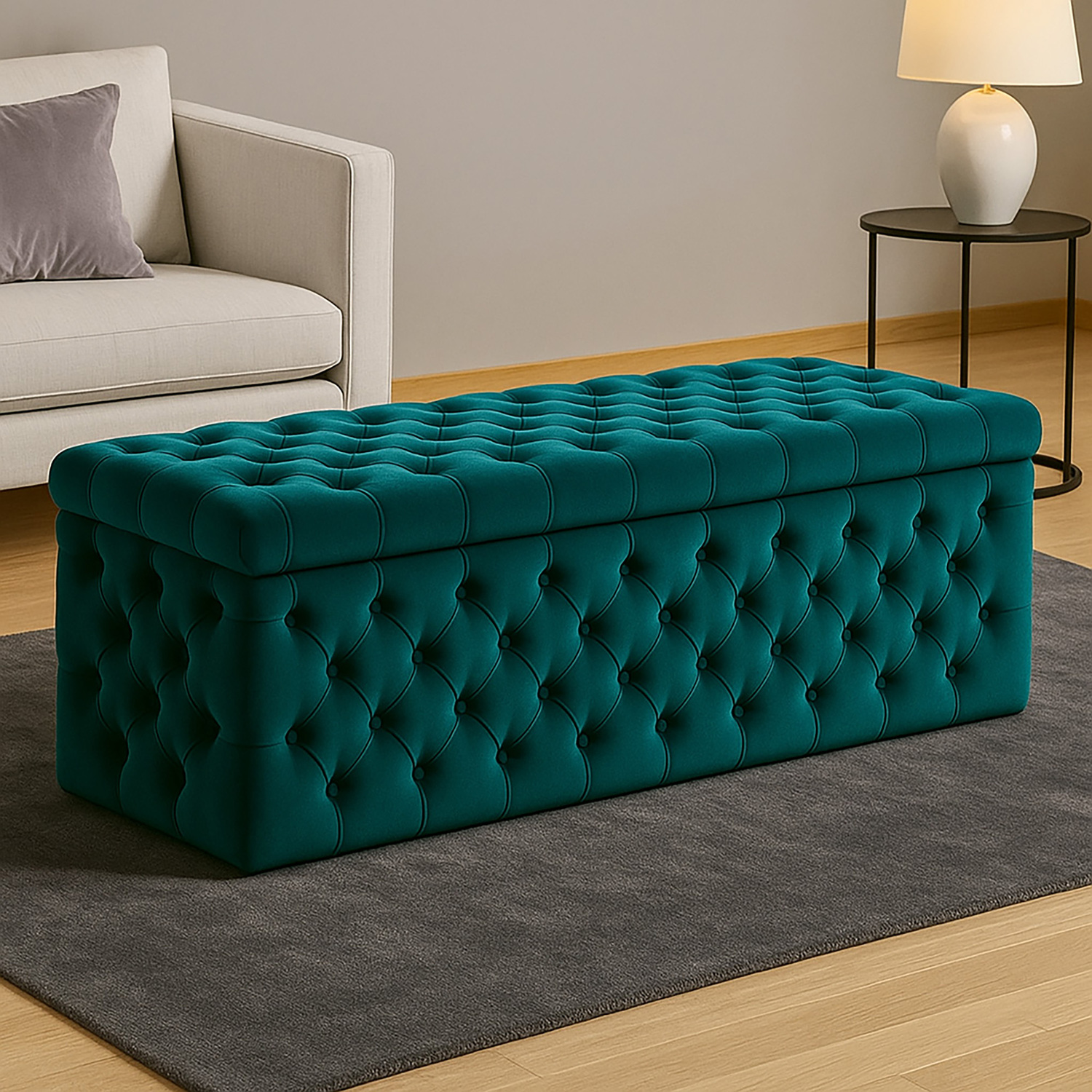 R&M Furnishers Wide Lux Ottoman Storage Box, Emerald Green Velvet Upholstered Chesterfield Storage Ottoman Box - Emerald Green Plush Velvet