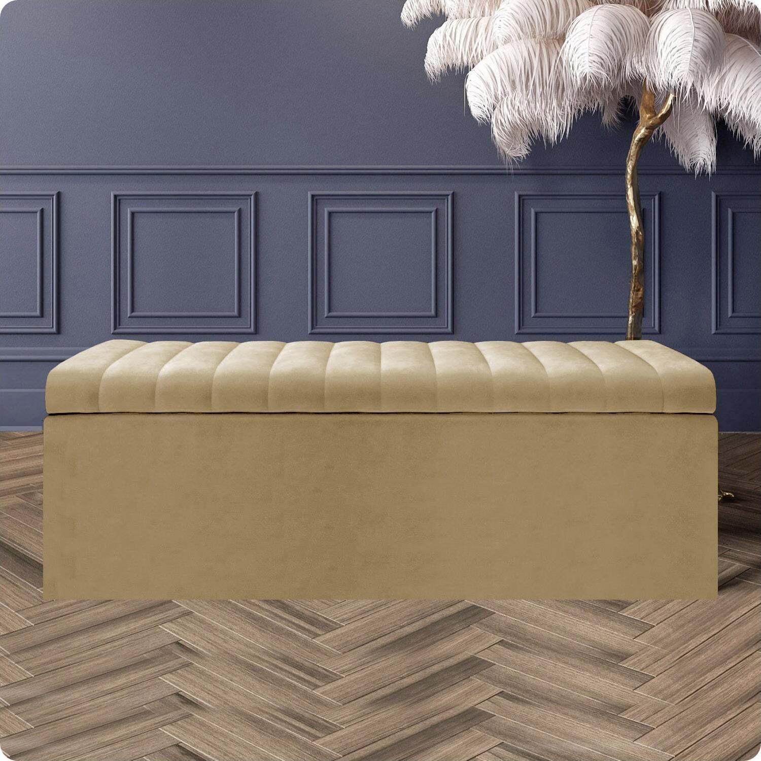 R&M Furnishers Safar Ottoman Storage Box, Plush Velvet Striped Upholstered Blanket Chest, End Of Bed Bench (White) - Mink Plush Velvet