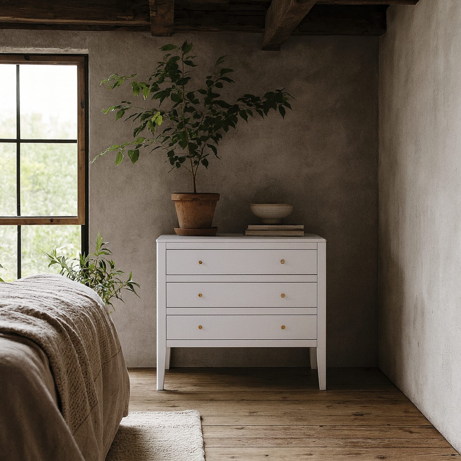 Cordoba 3 Drawer Chest in Wood Grain with Brass Knobs - White