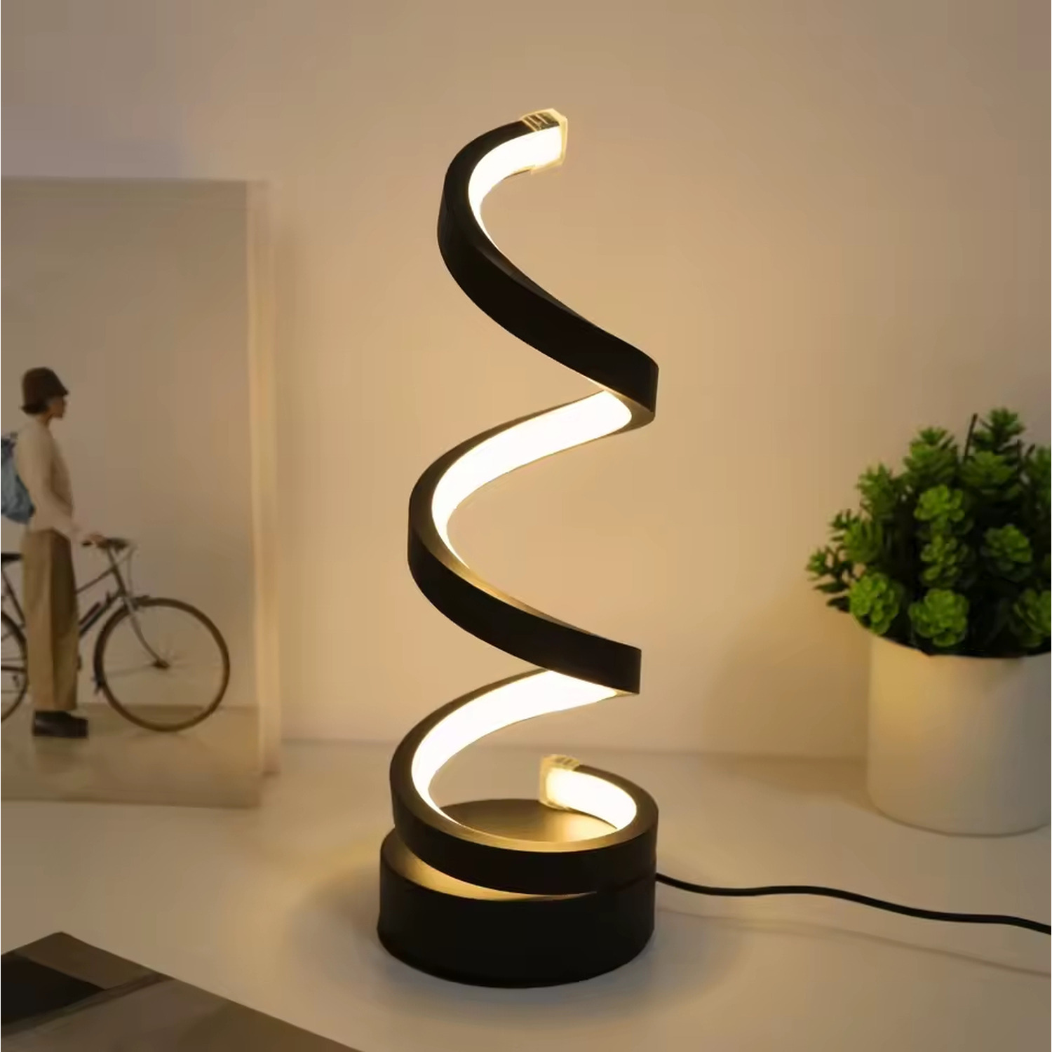Spiral Table Lamp Modern Home Decor Light - Black