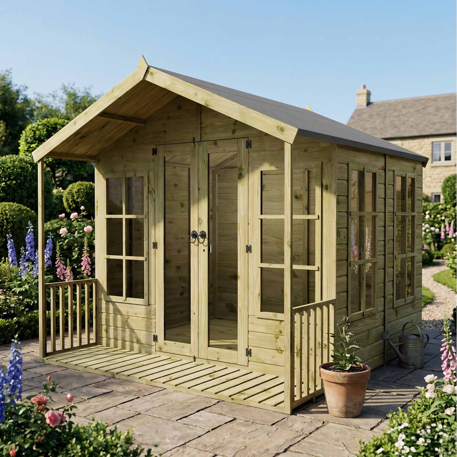 8ft x 8ft Wooden Summerhouse with Veranda Apex Roof - Brown