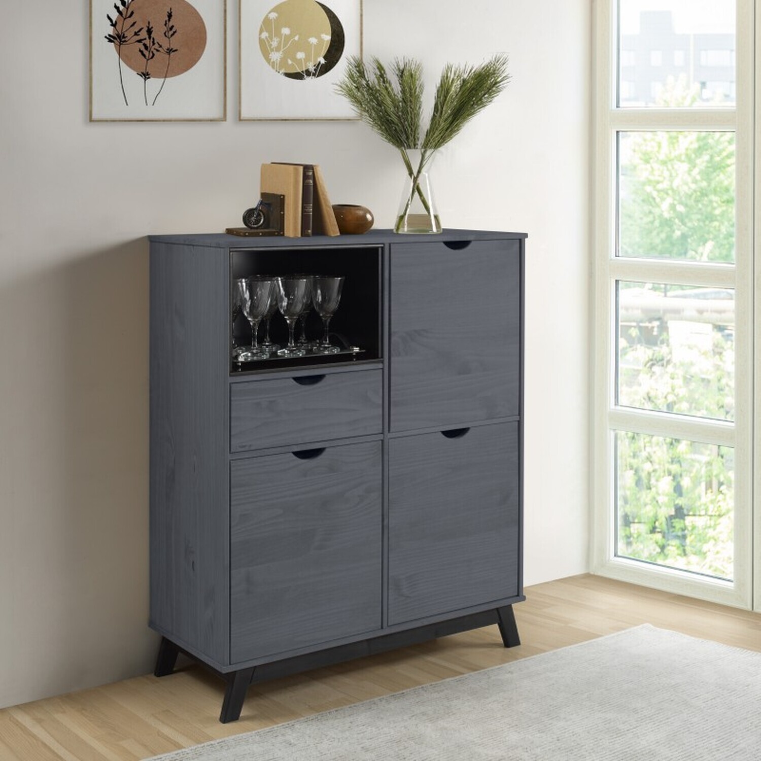 Scandian Sideboard Cabinet Solid Wood Pine Wooden Drinks Cupboard - Distressed Grey Wax