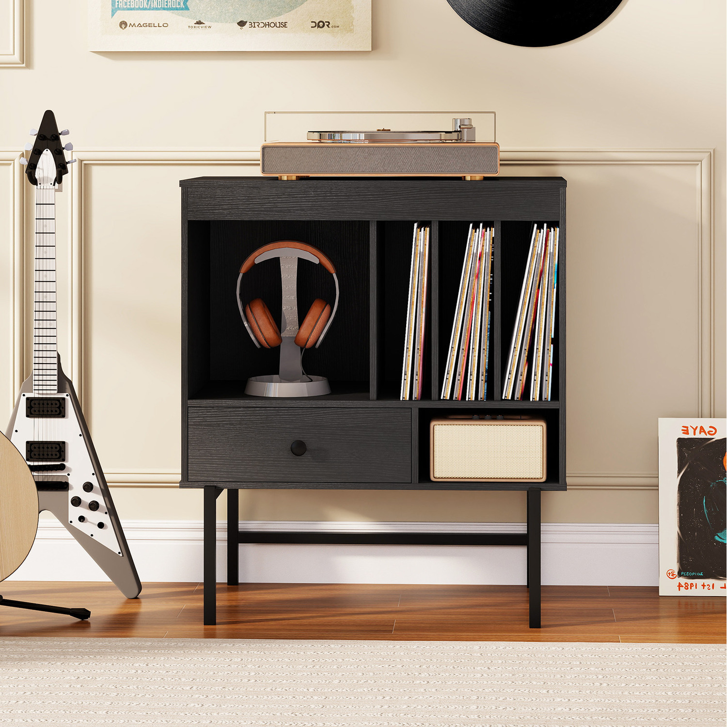 Modern Vinyl Storage Cabinet - Black