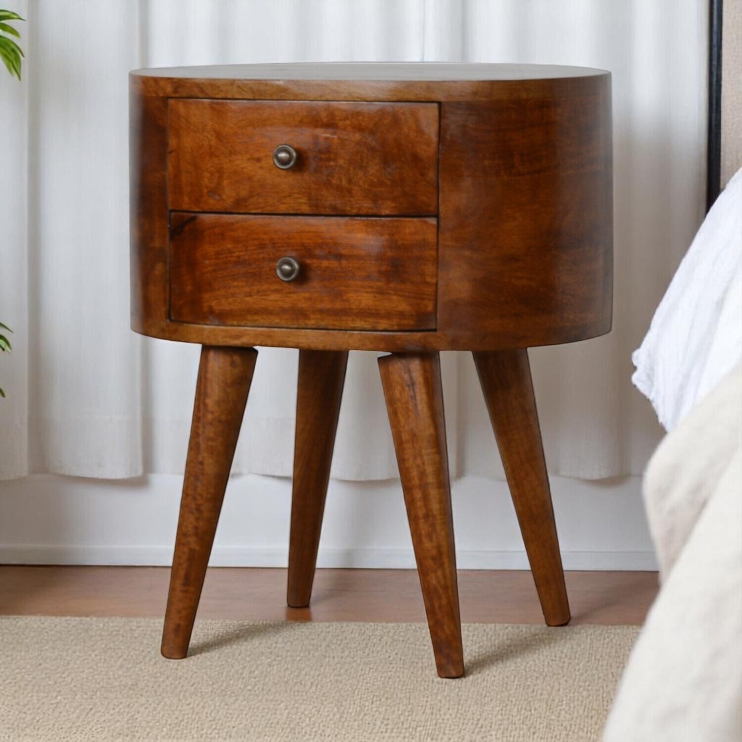 Artisan Furniture Solid Wood Chestnut Rounded Bedside Table, 2 Drawers, Dark Brown, Brown