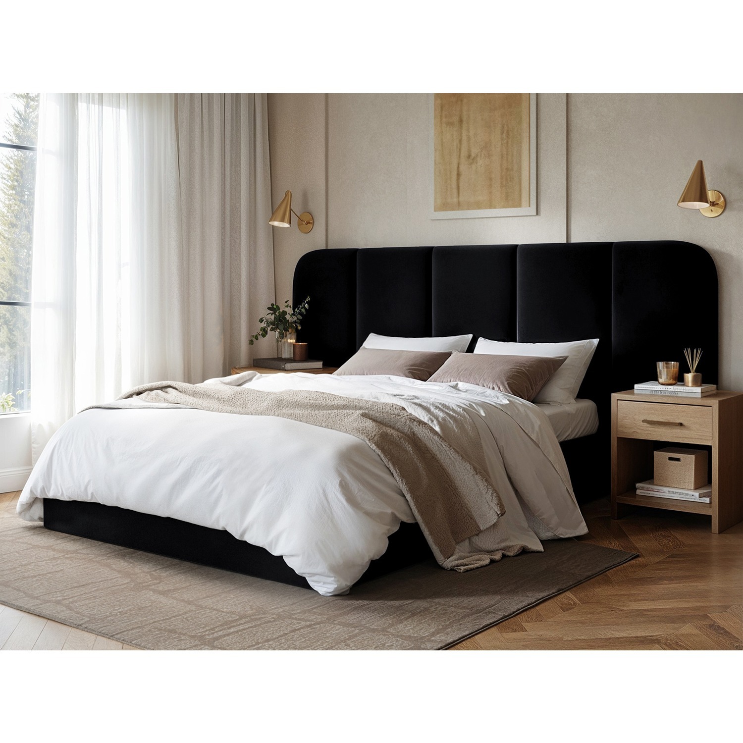 Solace+Co Sienna Hotel Ottoman Bed Black Velvet - Black / King