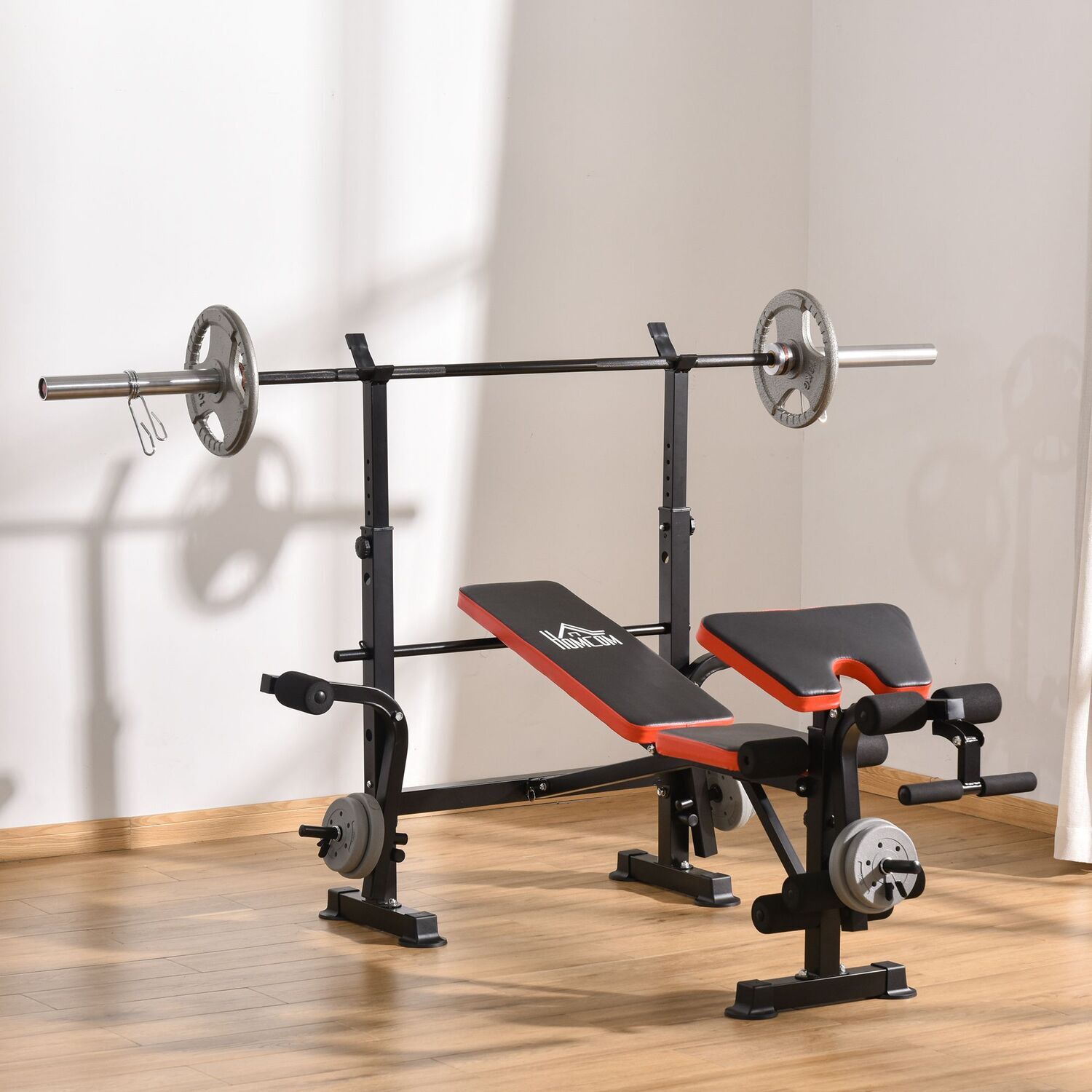 Homcom Adjustable Weight Bench With Leg Developer Barbell Rack - Black