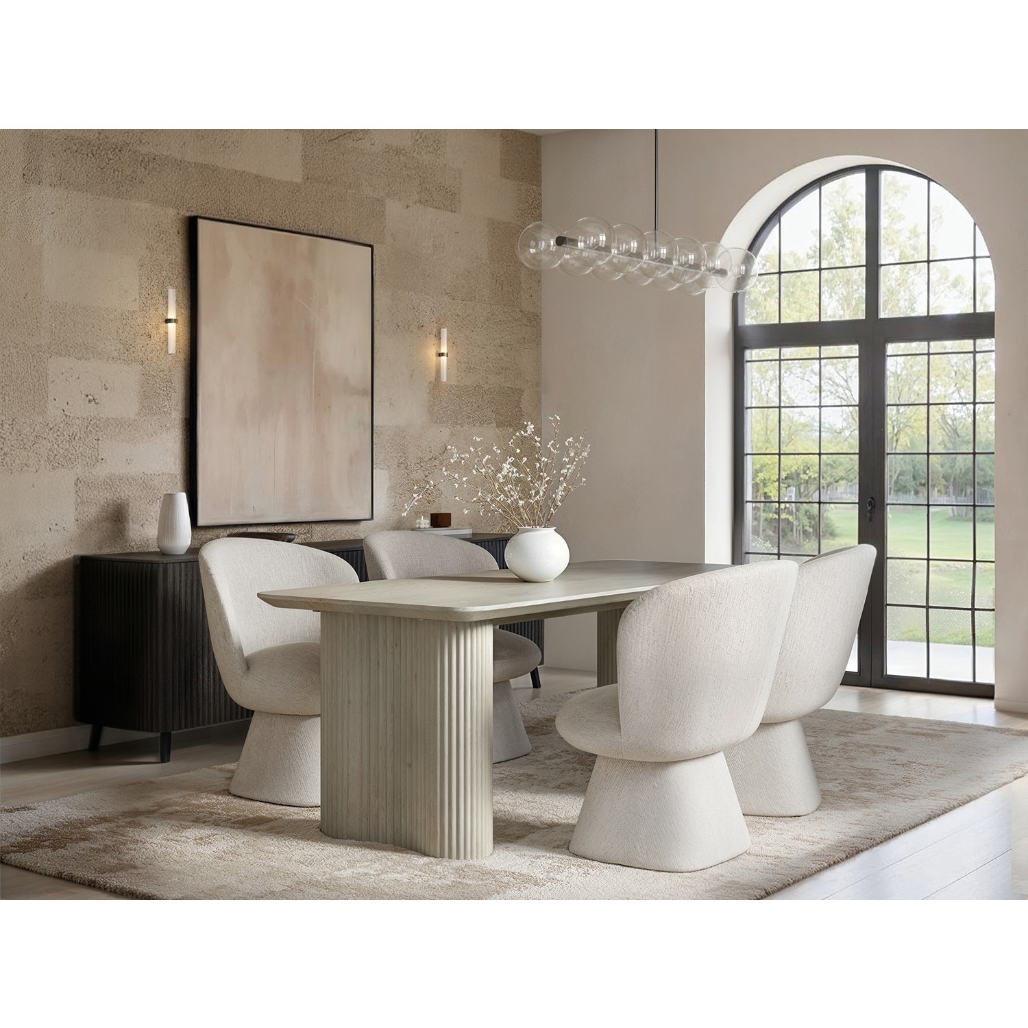 Zoya Dining Table with 4 Aiko Chairs Set - Beige + Cream