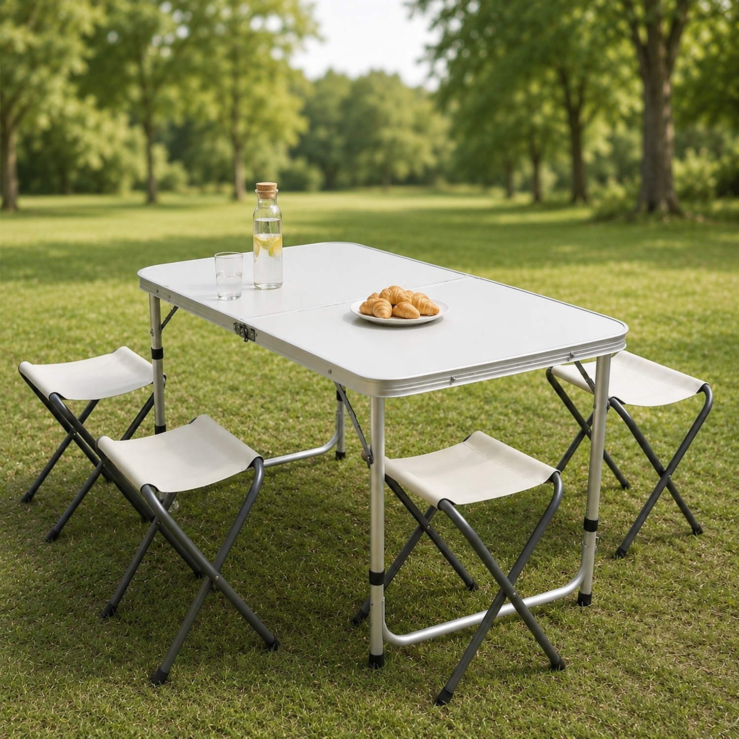 Gr8 Garden Portable Folding Camping Picnic Table 4 Stool Chair Set Outdoor Garden Festival - Grey