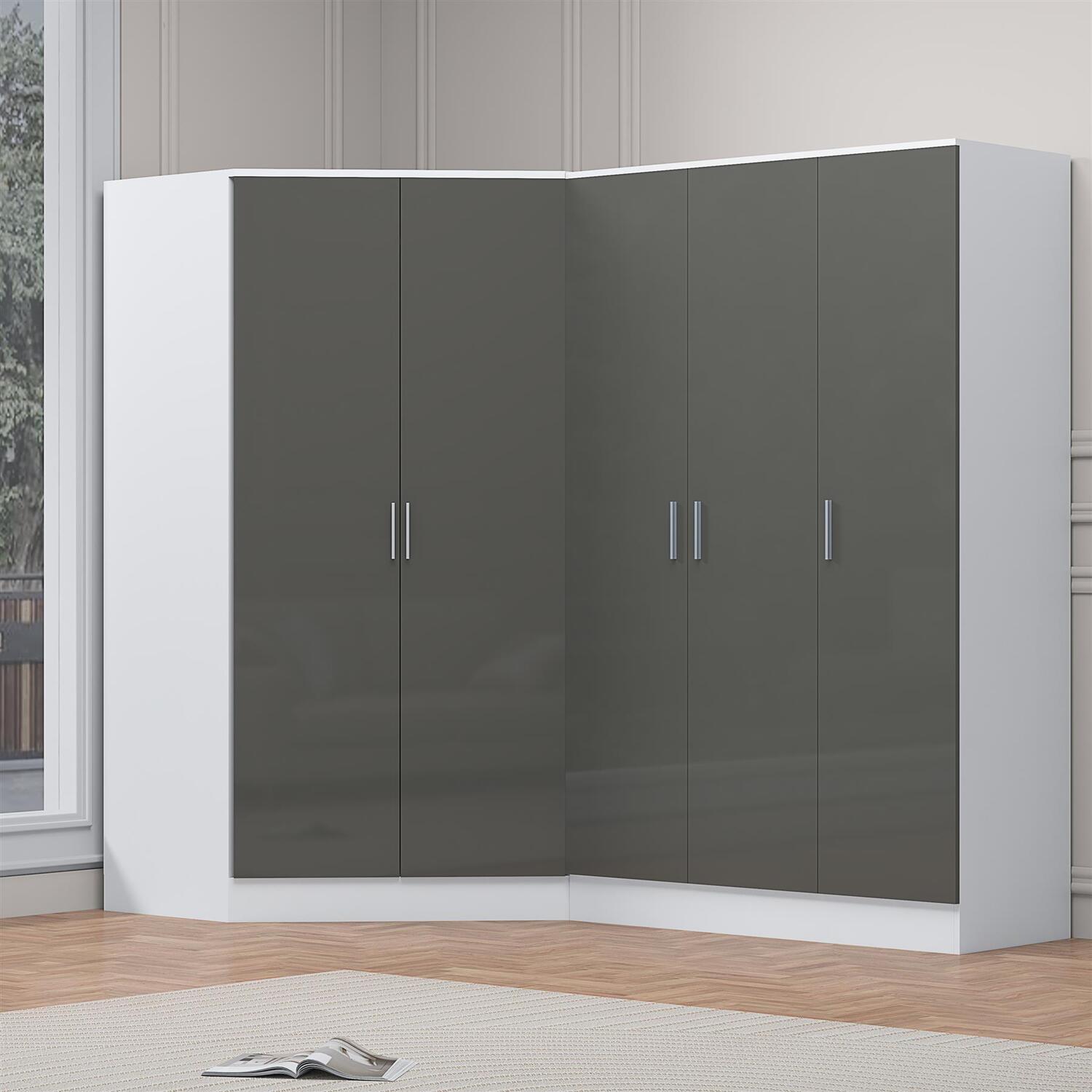 B&Q -  2Pc Wardrobe Bundle2 Door Corner + 3 Door PlainGrey Gloss & Matt WhiteH: 180Cm X W: 179Cm X D: 103Cm - Image 7