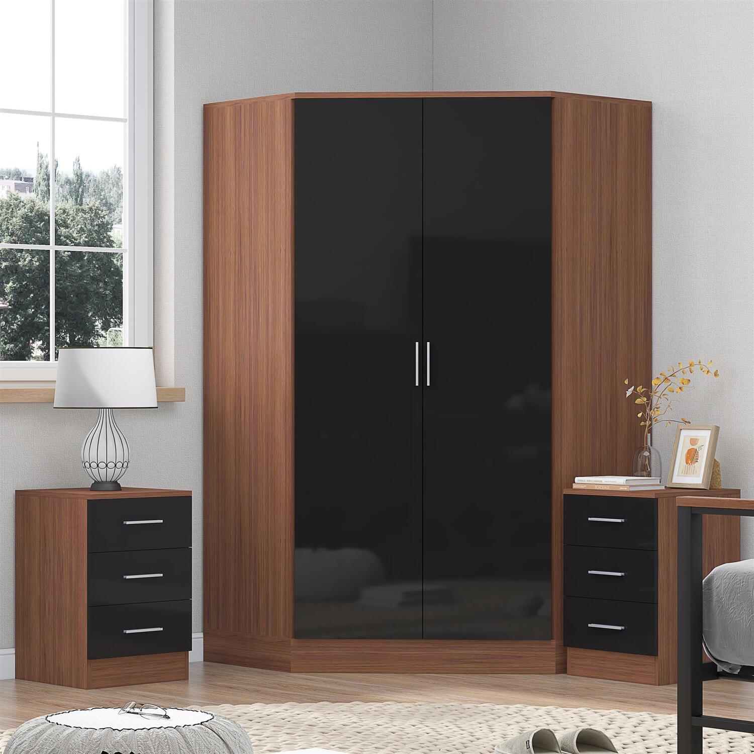 Reflect Black Gloss Bedroom Set - Corner + 2X 3 Drawer Bedsides - Black / Walnut - Black Gloss / Matt Walnut