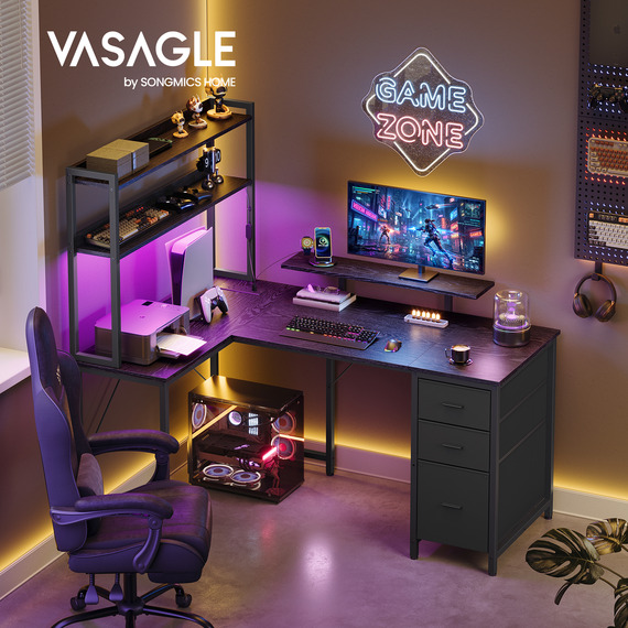VASAGLE L-Shaped Computer Desk with LED Lights and Power Outlets