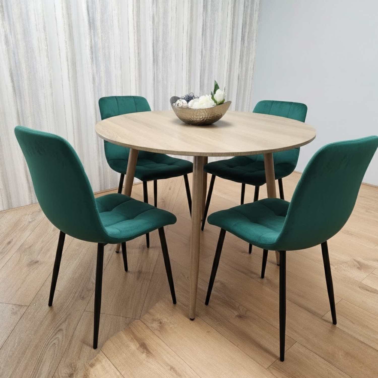 Kosy Koala Round Dining Set - 4 Green Velvet Chairs - Wood Effect Table - Image 2