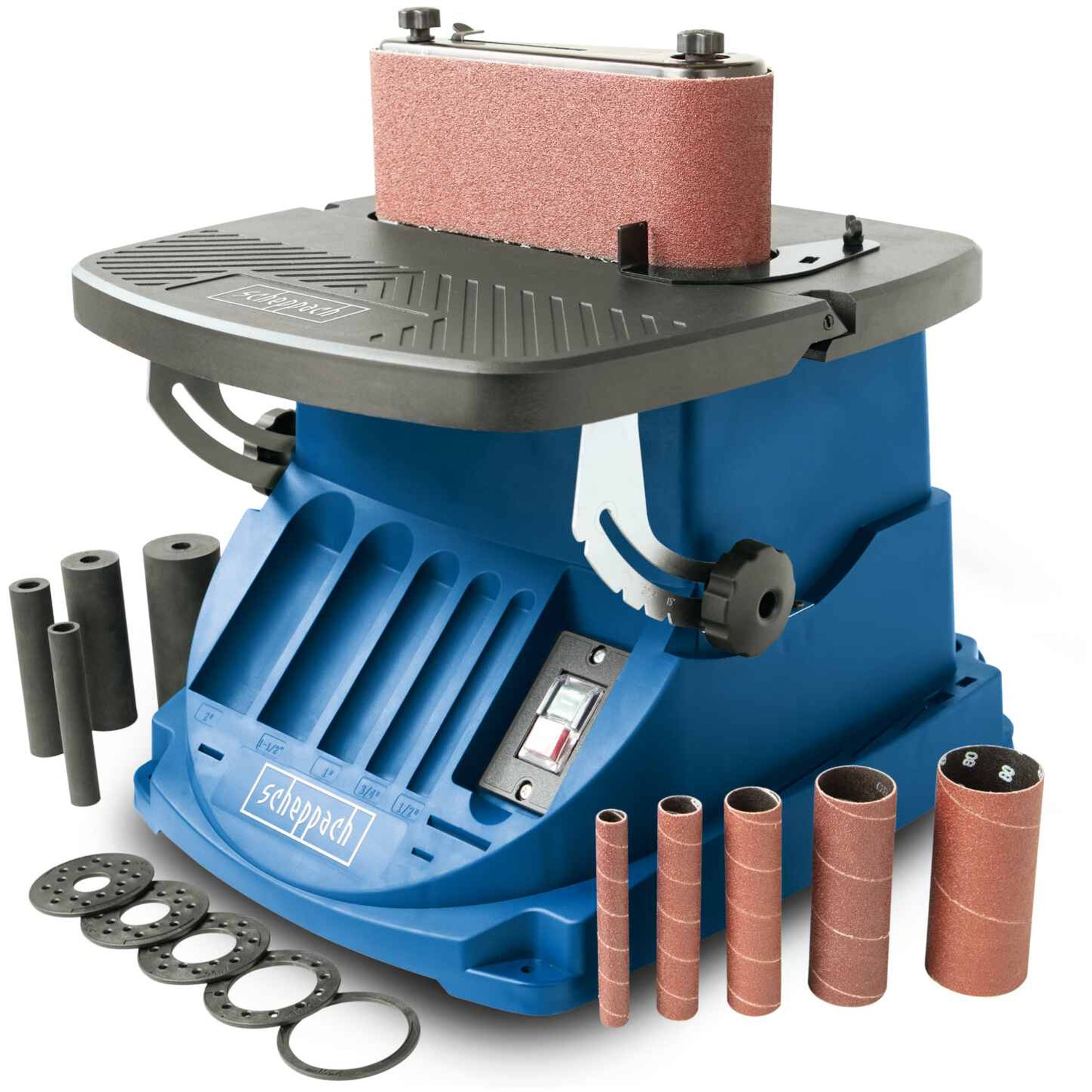 Scheppach OSM600 Oscillating Belt and Spindle Sander - 450W, 410x425mm Tilting Table, Dust Port - Blue
