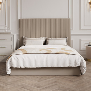 Beige / Superking Berlin Tall Headboard Ottoman Bed shot 16754079