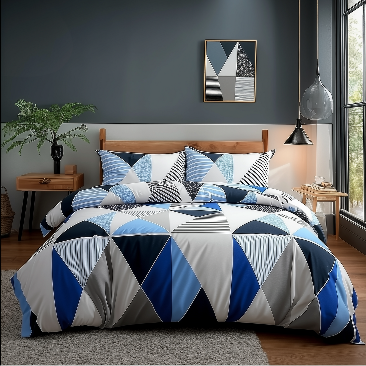 Snug City Duvet Cover & Pillowcase Set Multi Colour Triangle Design Polycotton Bed Linen in White | Size: Super King