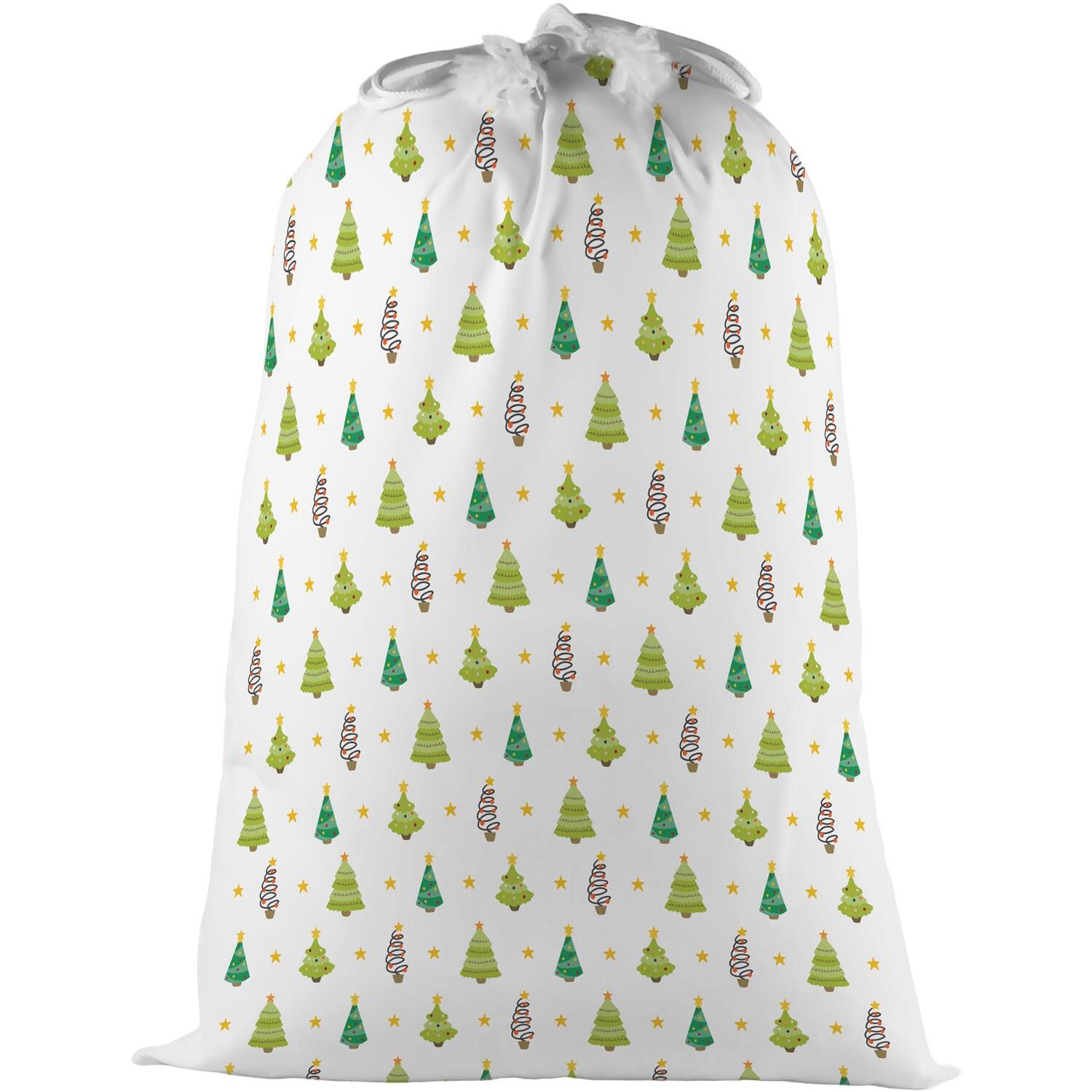 Purely Home Christmas Trees Present Bag - Novelty Xmas Santa Sack With Drawstring - White