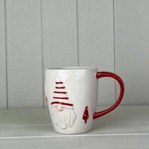 White Ceramic Gonk Mug with Red Handle and Detail