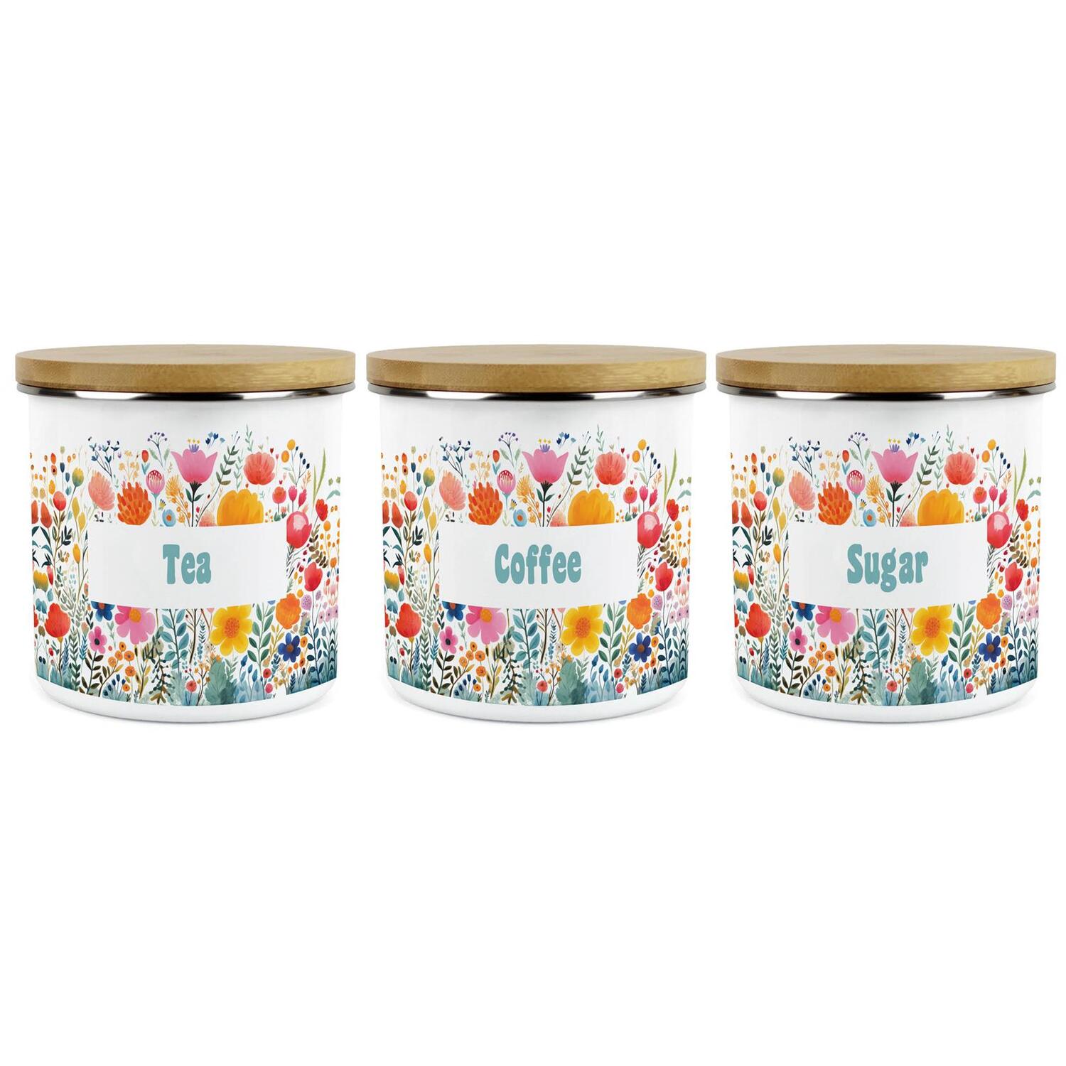 B&Q -  Flower Meadow Tea Coffee & Sugar Storage Canisters Set Of 3Bright Floral Kitchen Décor1.2L Enamel Drinks Storage Containers - Image 4