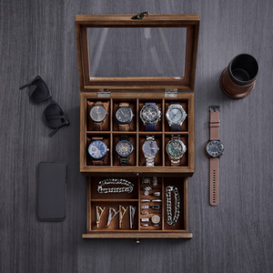 SONGMICS 2-Tier Wood Watch Box with Glass Lid