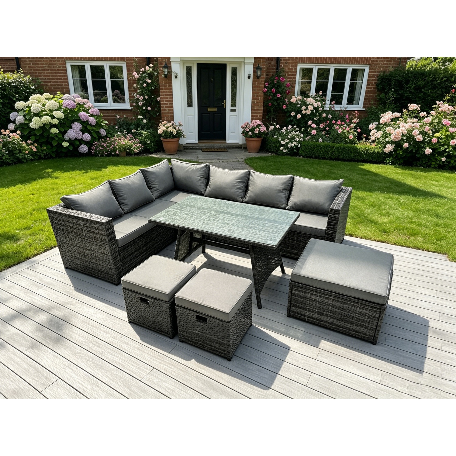 Fimous 9 Seater Rattan Corner Sofa Set Dining Table Garden Furniture - Dark Grey Mixed