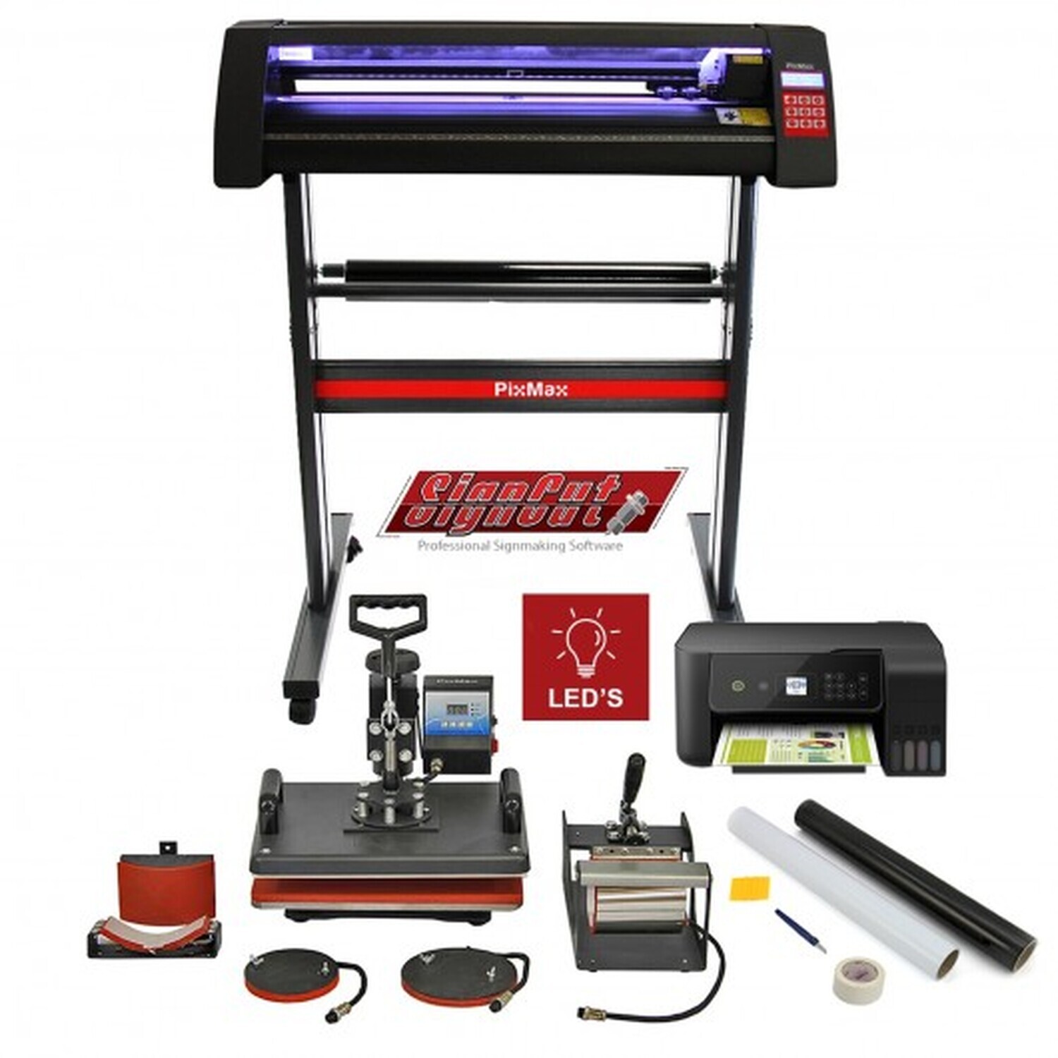 Pixmax Vinyl Cutter Led, 5 In 1 Heat Press, Printer, Signcut Pro And Weeding Kit Bundle - Black