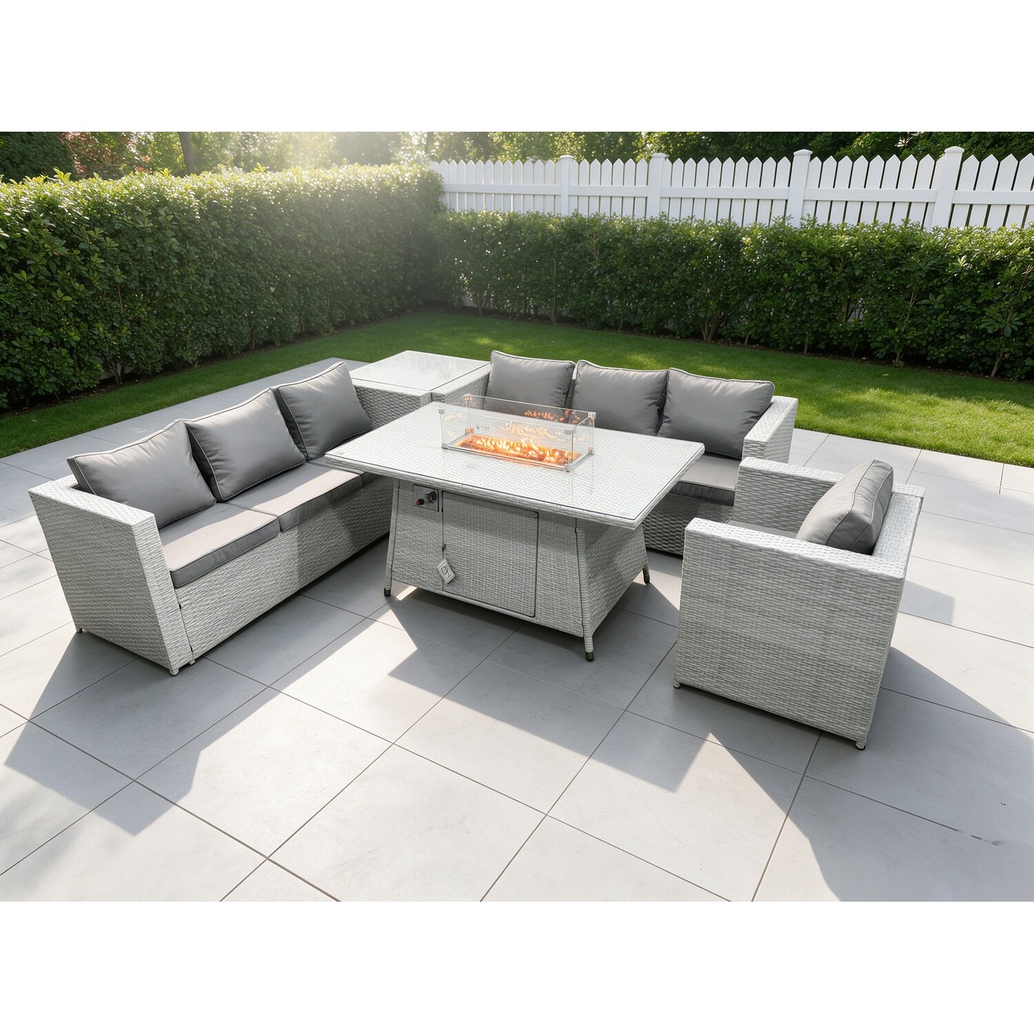Rackhams Light/Grey Rattan Garden Furniture Set With Fire Pit Dining Table, Corner Sofa, Side Coffee Table And Chair - 7 Seater - Image 2