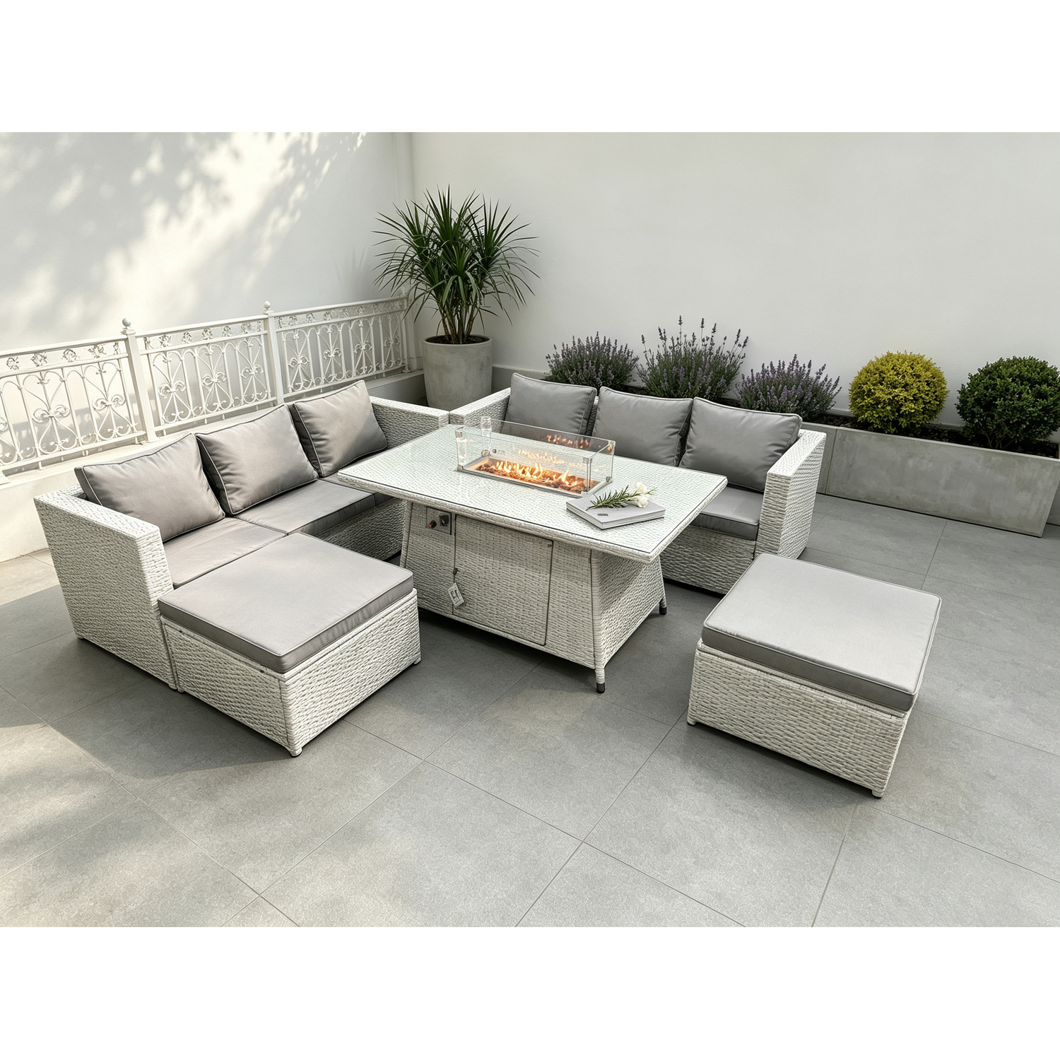 Fimous 8-Seater Rattan Gas Fire Pit Dining Table With Stools - Light Grey Mixed - Image 1