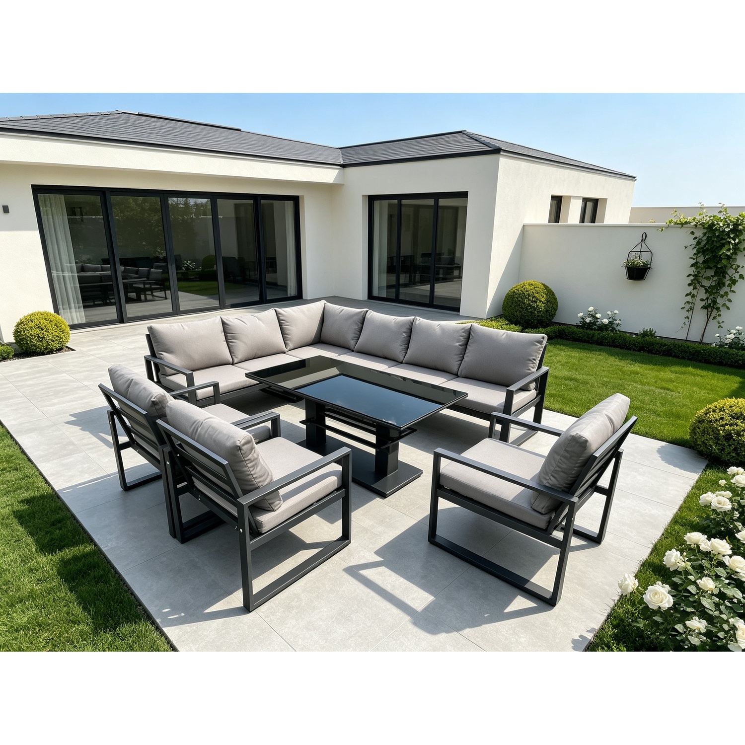 Fimous Unisex Dark Grey Aluminum Outdoor Garden Furniture Set Corner Sofa Chairs Adjustable Rising Lifting Dining Table Sets Size 3 - Image 2