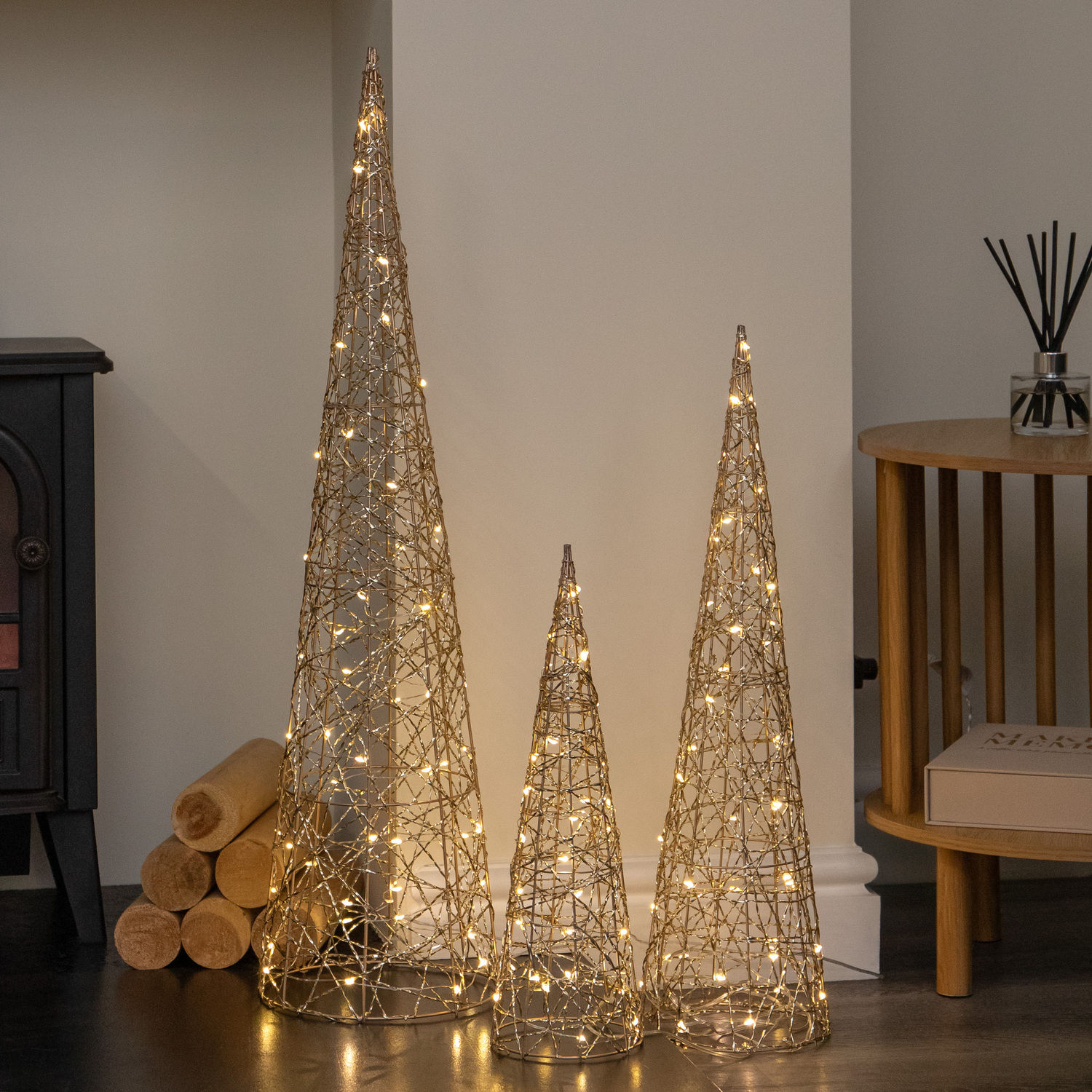 Samuel Alexander Unisex Gold Set Of 3 Light Up Christmas Cones Decorations - Image 3