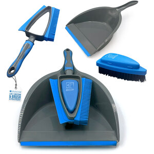Dustpan and Brush Set 4 in 1 Rubber Brush Pet Hair Remover Cleaner Built In Squeegee