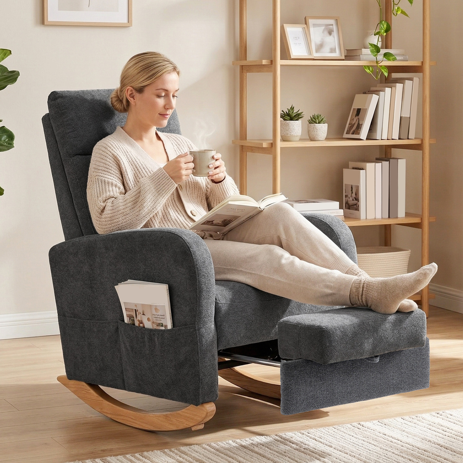 Homcom Upholstered Rocking Chair With Retractable Footrest, High Back Grey - Grey - Image 1