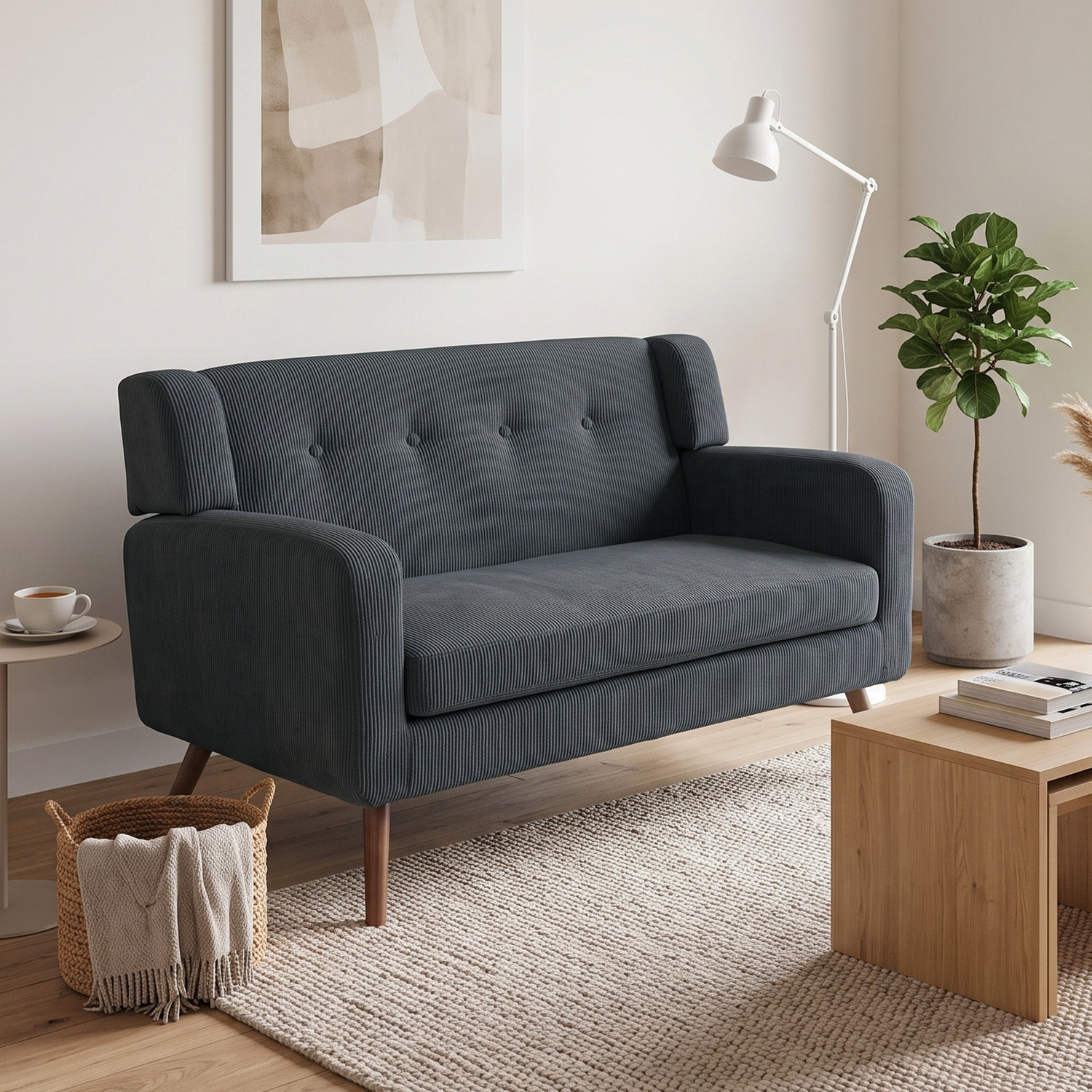 Rackhams Dark/Grey 2 Seater Sofa, 118 Cm Corduroy Small Loveseat Sofa, - Image 2