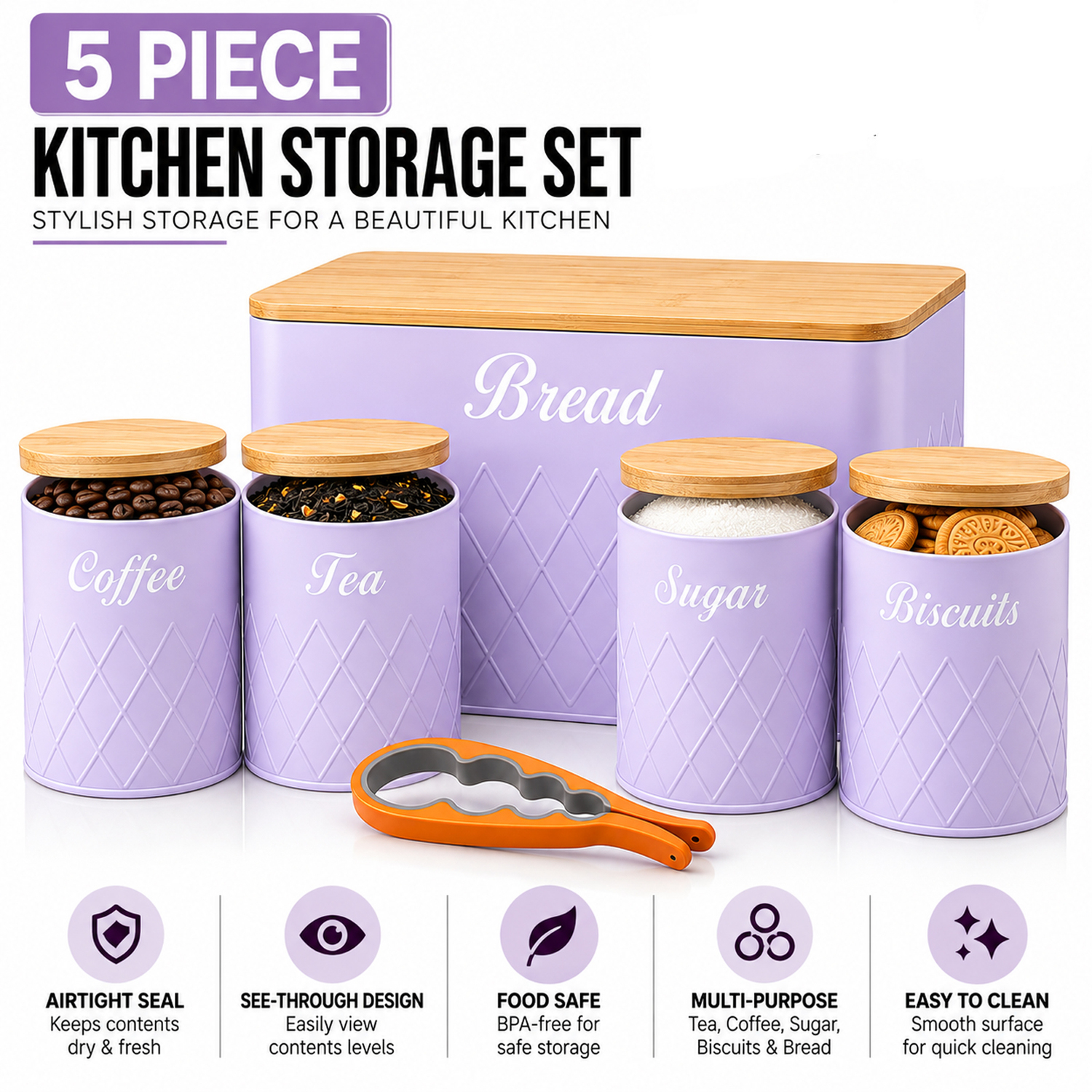Atek 6Pcs Kitchen Storage Canister Bamboo Lids Tea Coffee Sugar Tins