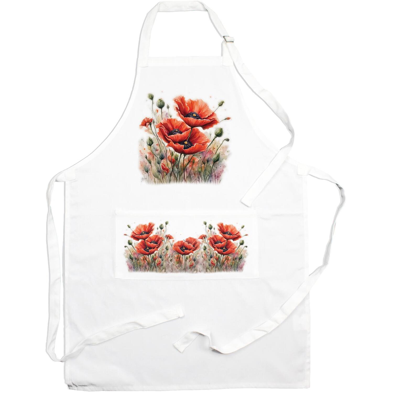 Purely Home Poppies Kitchen Apron With Adjustable Ties & Pocket - White - Image 1