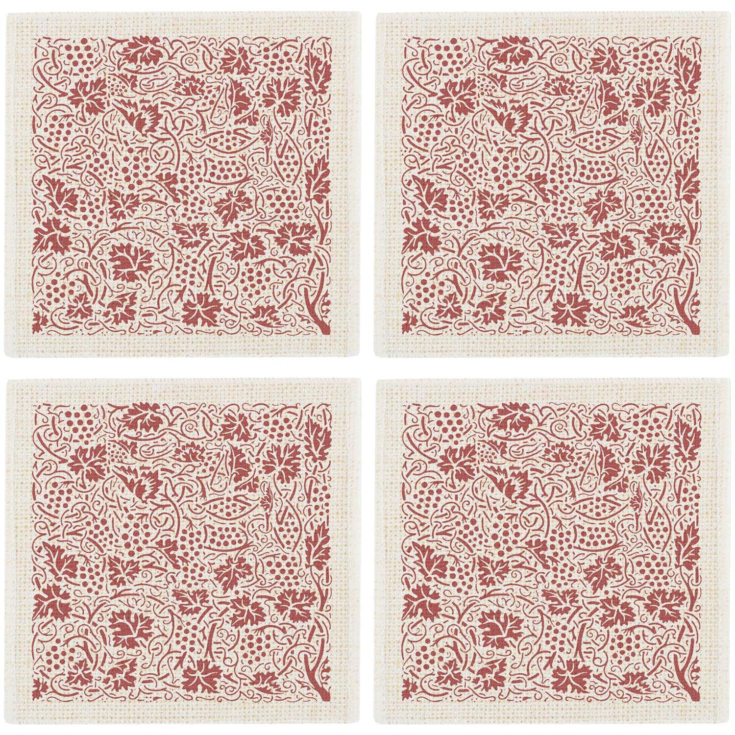 Purely Home Oak Leaves & Berries Fabric Coasters - Red Table Decor Gift, Set Of 4 - Red