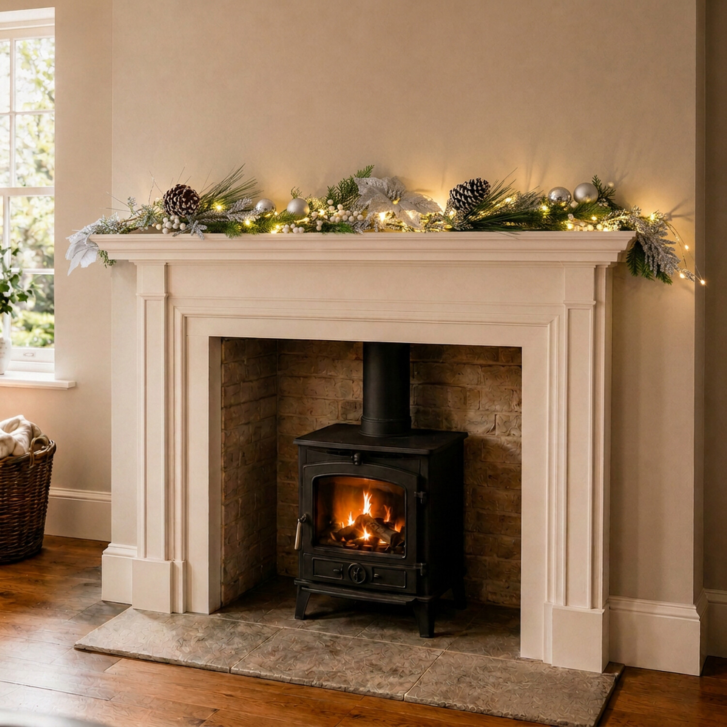 Winter Crystal Pre-Lit Silver Poinsettia Garland - Image 1