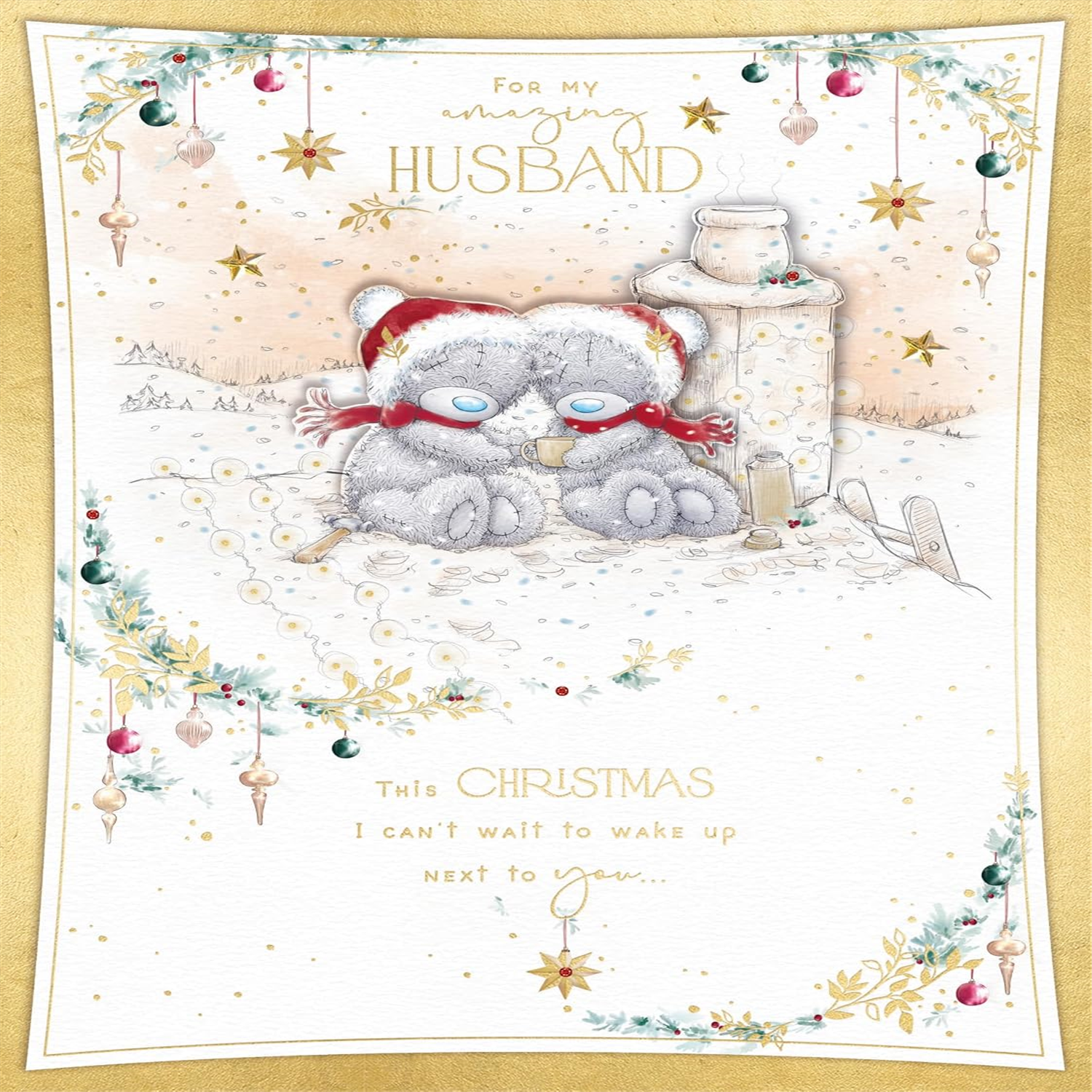 Me To You Bears Sit Snuggled Together In The Snow Wonderful Husband Luxury Boxed Christmas Card - Red
