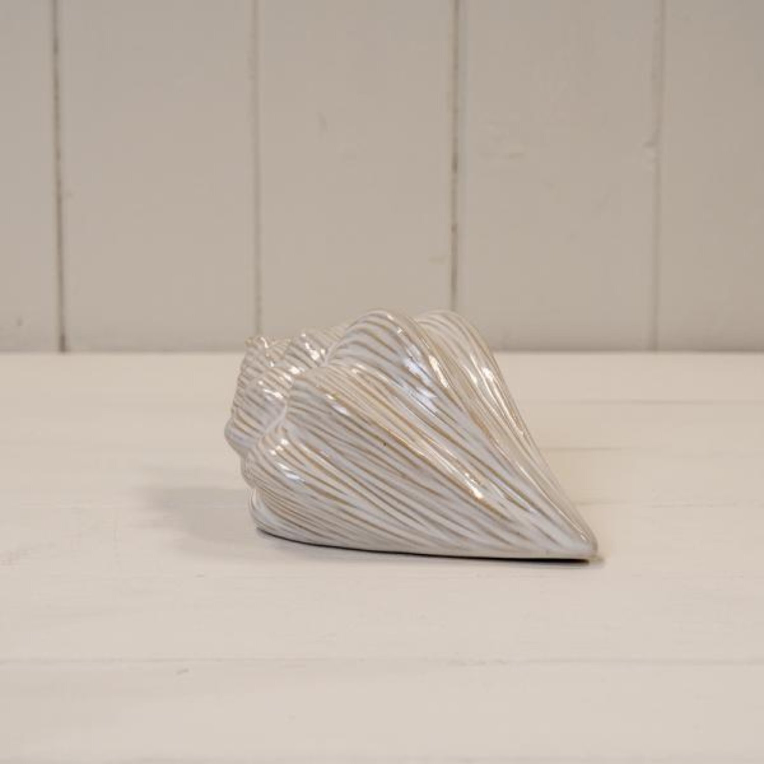  - White Glazed Ceramic Shell Ornament With Textured Detail - Image 3
