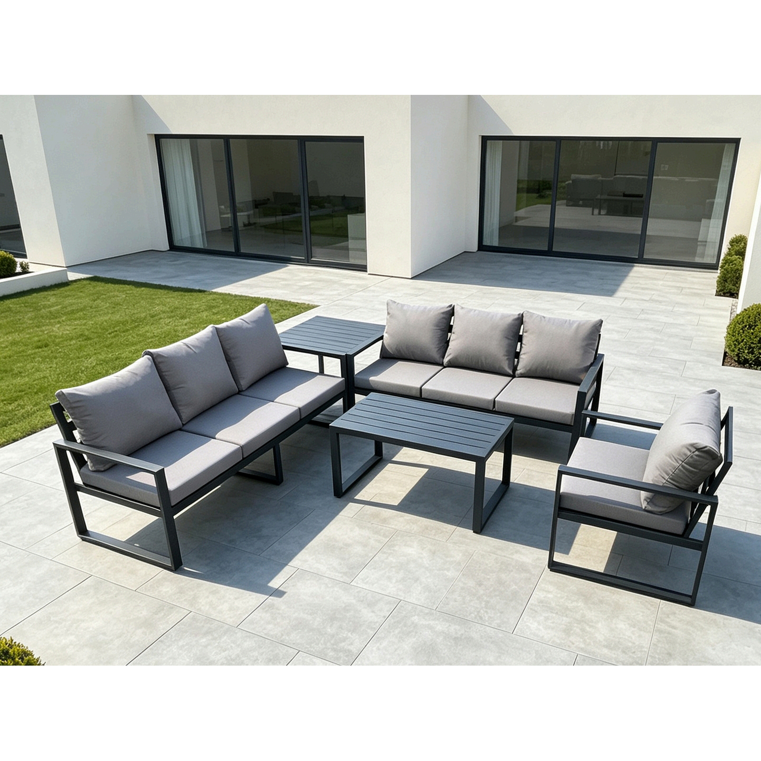 B&Q - Aluminium 7 Seater Garden Furniture Outdoor Patio Sofa Set With Rectangular Coffee Table Armchair Side Table Dark Grey - Image 2