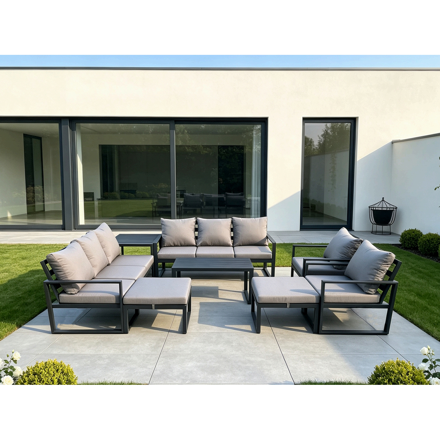 Fimous Aluminium Lounge Sofa Set 2 Chairs, Oblong Coffee Table, Side Table & 2 Stools - Dark Grey - Image 1