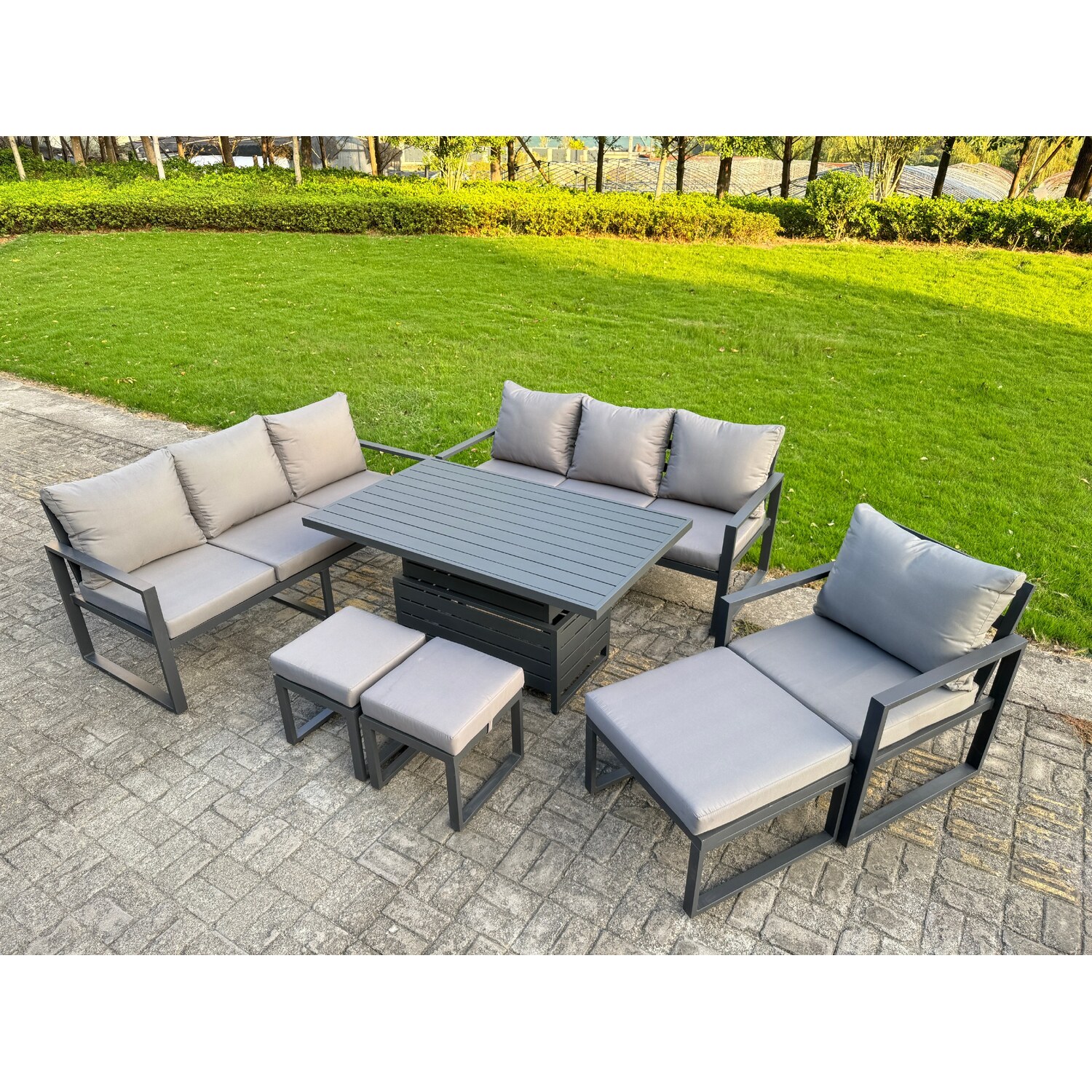 Fimous Dark/Grey 10 Seater Aluminium Furniture Set With Adjustable Rising Dining Table, 3 Footstools - Image 3