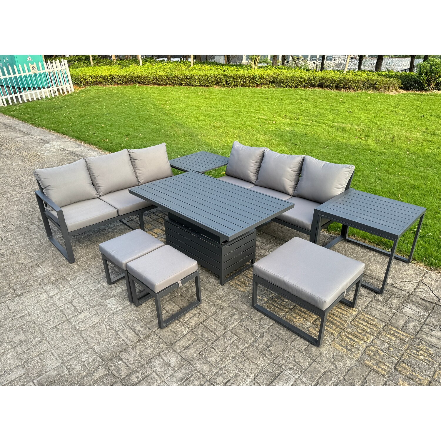 Fimous Unisex Dark Grey Aluminum 8-Piece Sofa Set With Lifting Table, 2 Side Tables, Cushions In Size 8 - Image 3