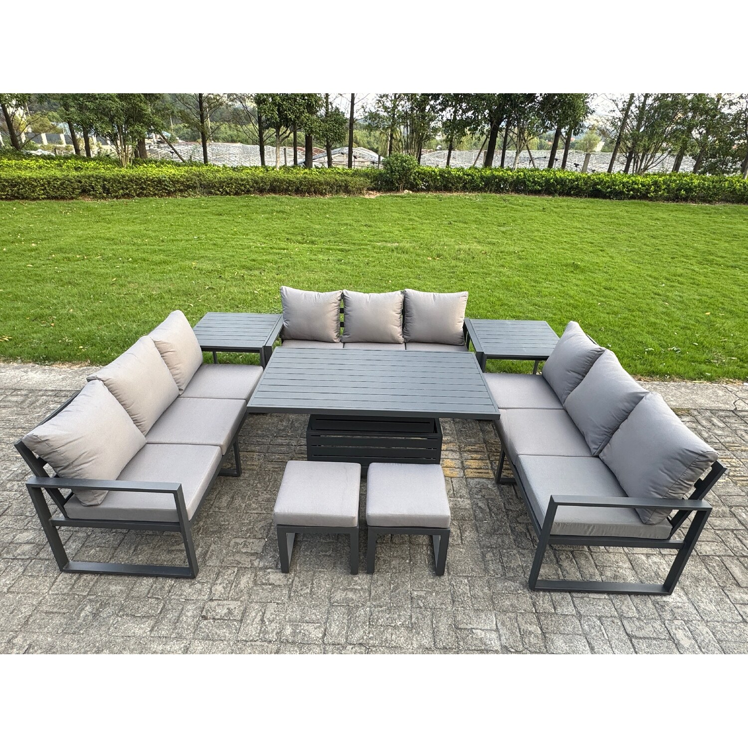 Rackhams Dark/Grey U-Shaped Garden Furniture Set 11-Seater Aluminium Outdoor Dining Set With Adjustable Rising Lifting Dining Table 2 Small Footstools - Image 3