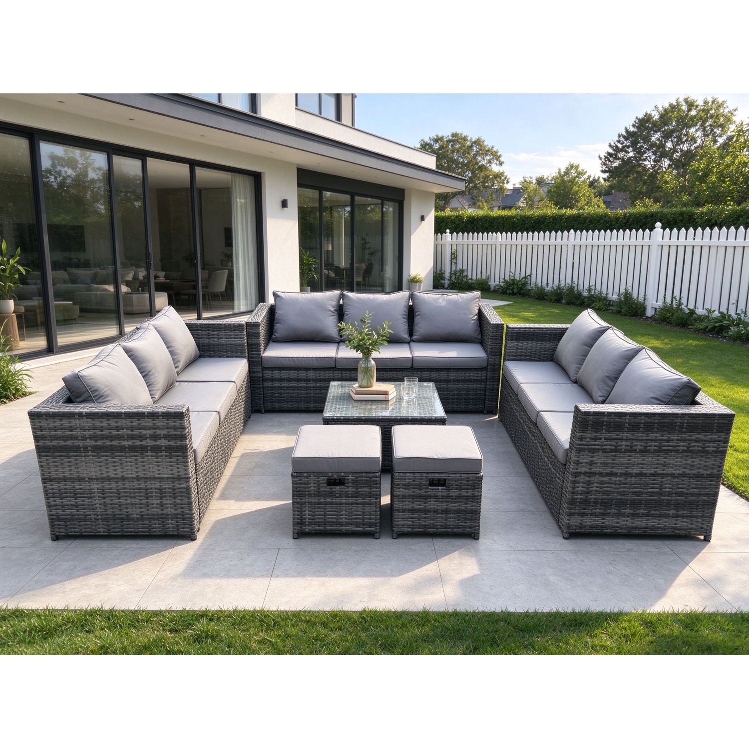 B&Q - Outdoor Rattan Garden Furniture Set 11 Seater Patio Lounge Sofa Set With Square Coffee Table 2 Small Footstool - Image 2