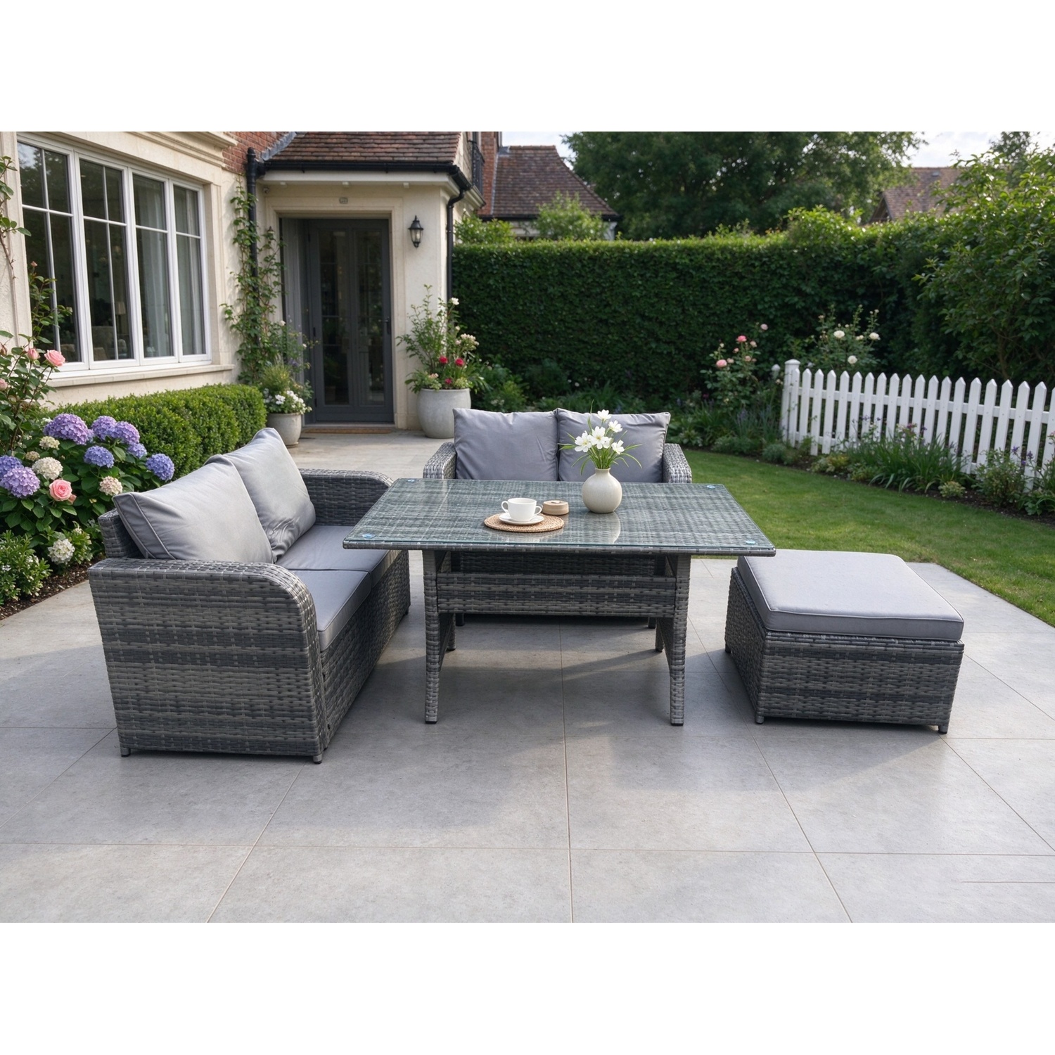 Fimous Unisex Dark Grey Garden Patio Furniture Wicker Rattan Oblong Rectangular Dining Table & Loveseat Sofa Set With Big Footstool In Size 5 - Image 2